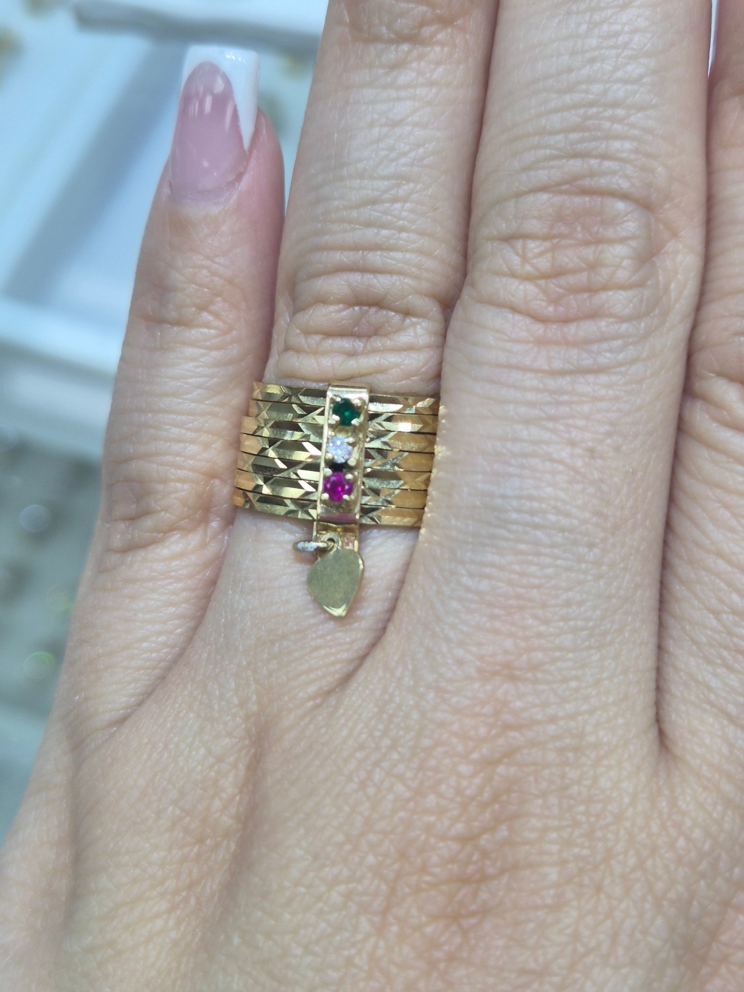 14K Gold Seminario Ring with Red, White & Green CZs and Heart Charm