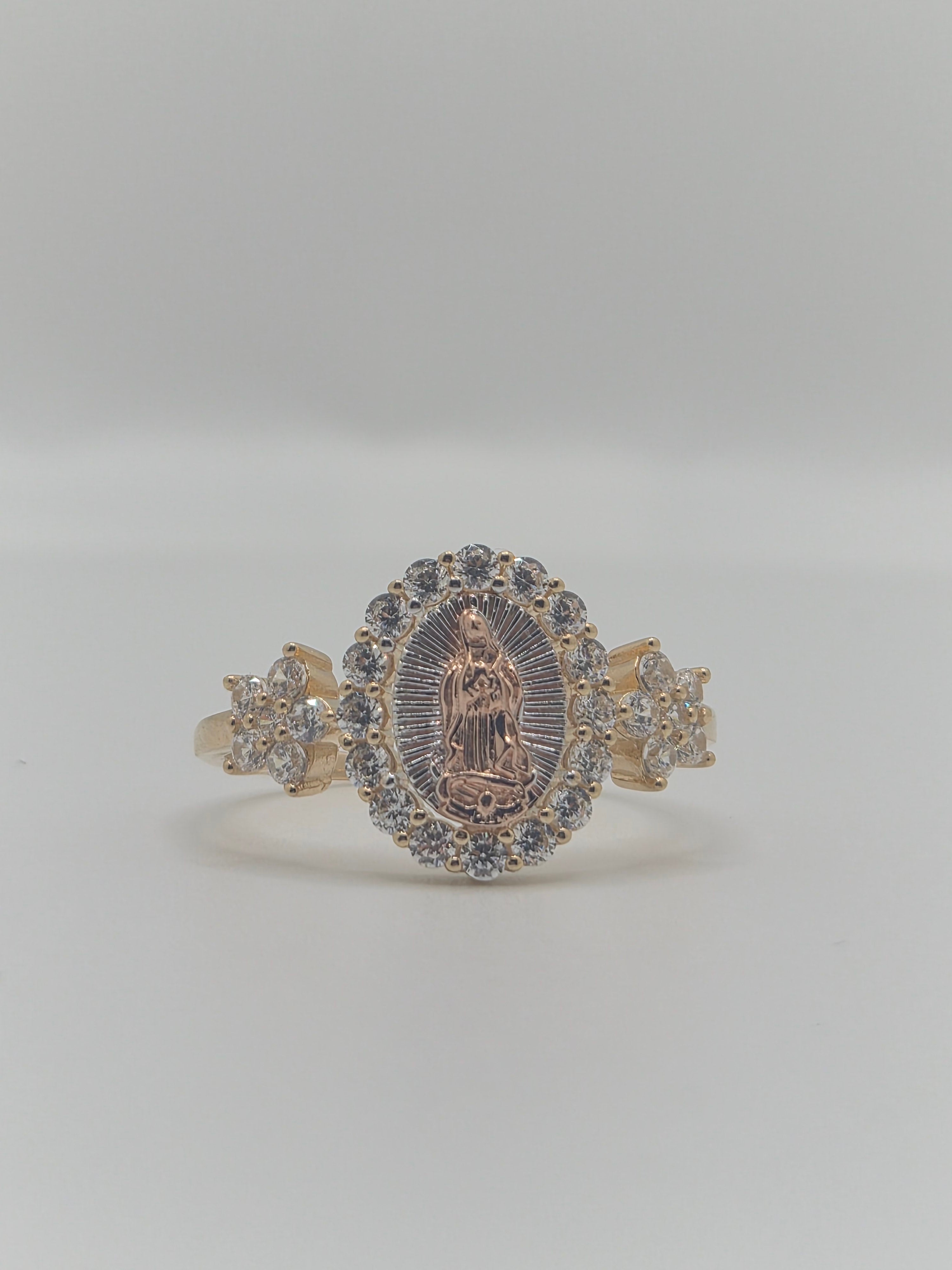 14K Tri-Color Virgencita CZ Halo Ring