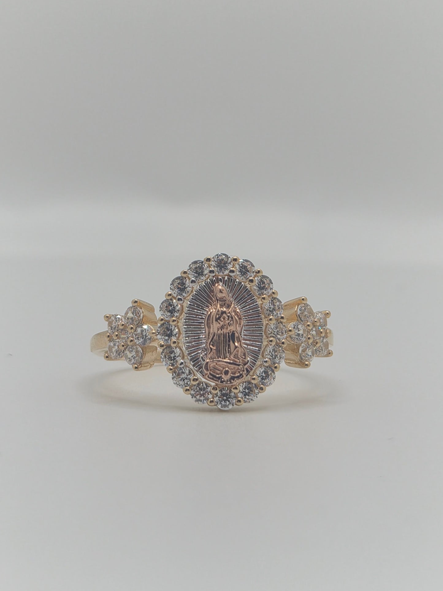 14K Tri-Color Virgencita CZ Halo Ring