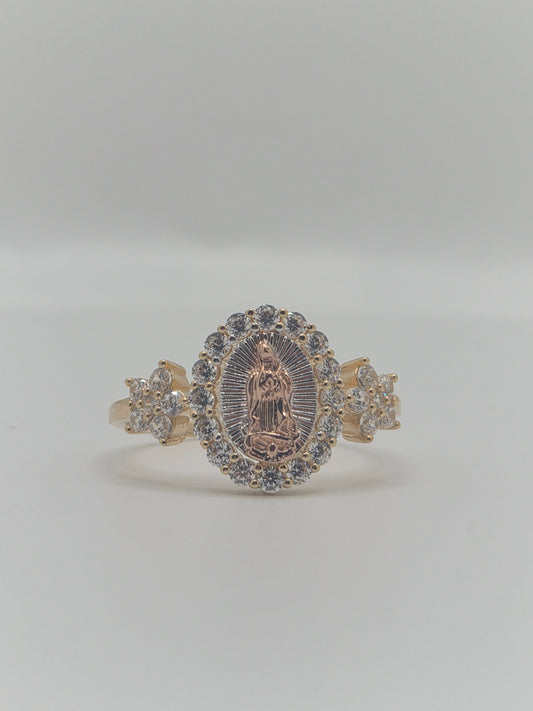 14K Tri-Color Virgencita CZ Halo Ring