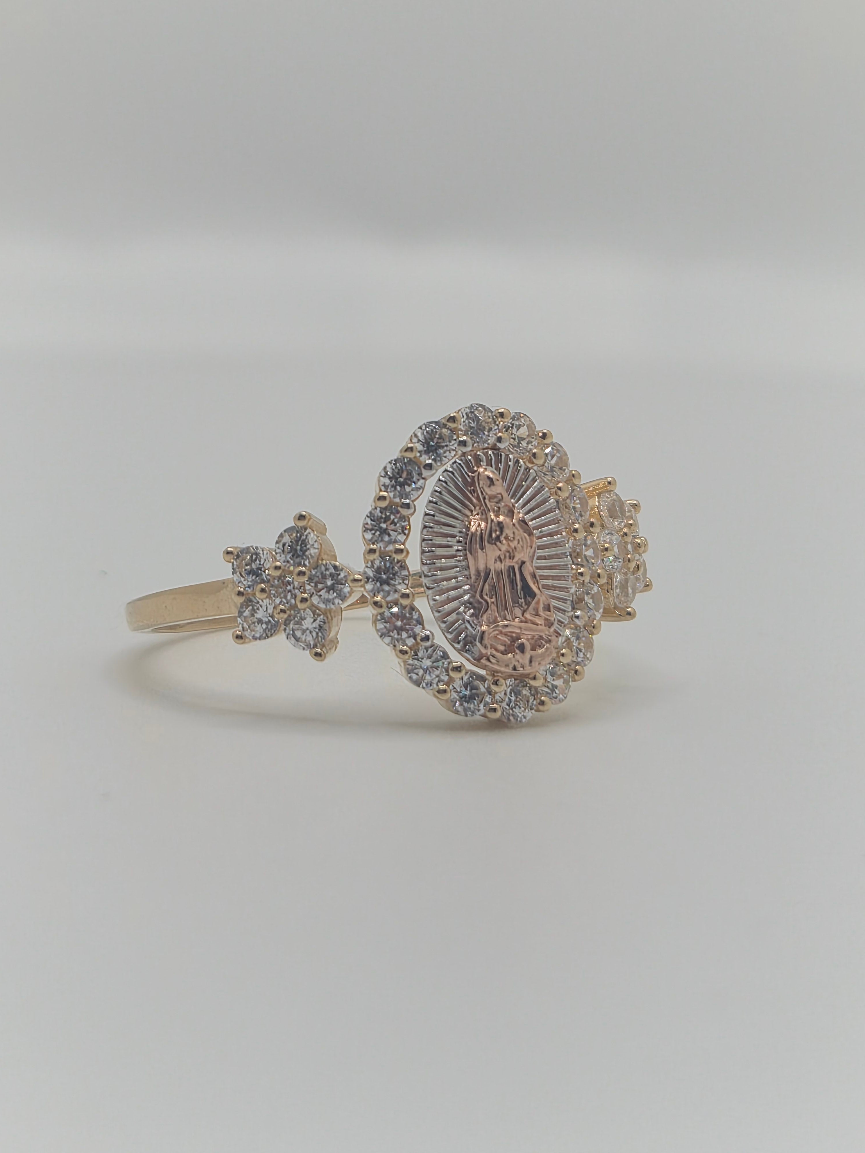 14K Tri-Color Virgencita CZ Halo Ring