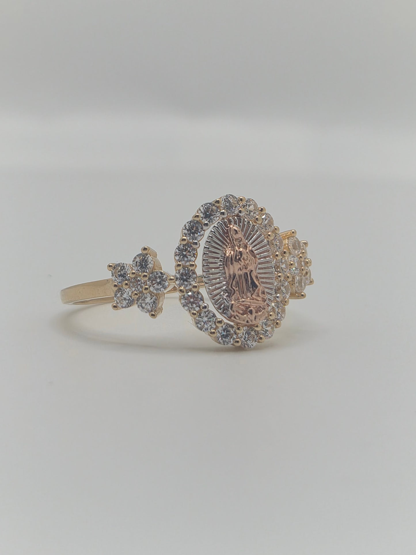 14K Tri-Color Virgencita CZ Halo Ring