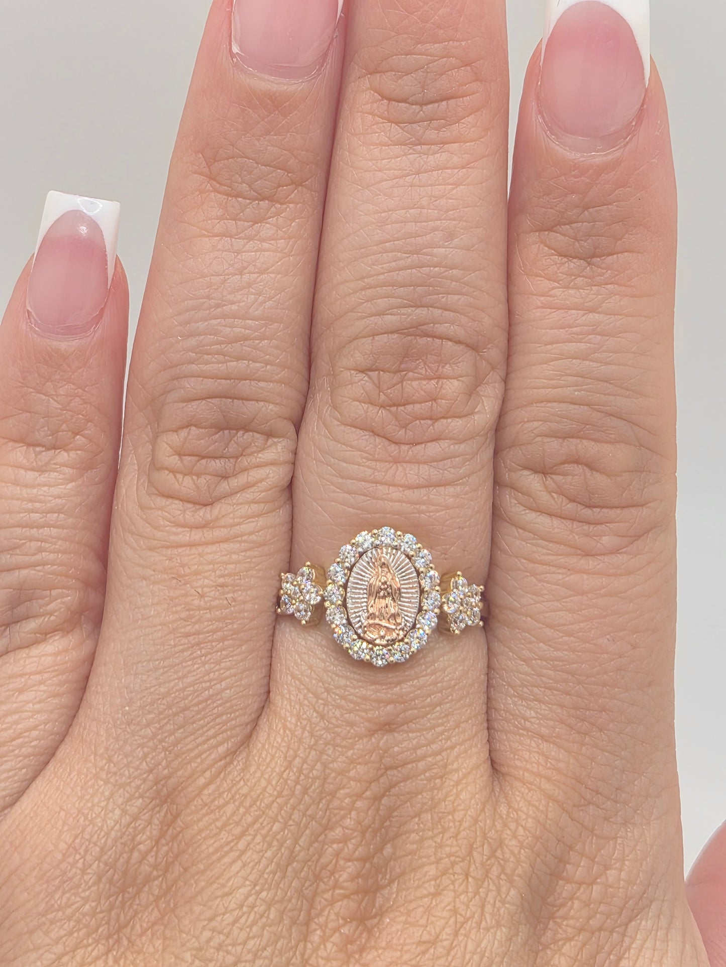 14K Tri-Color Virgencita CZ Halo Ring