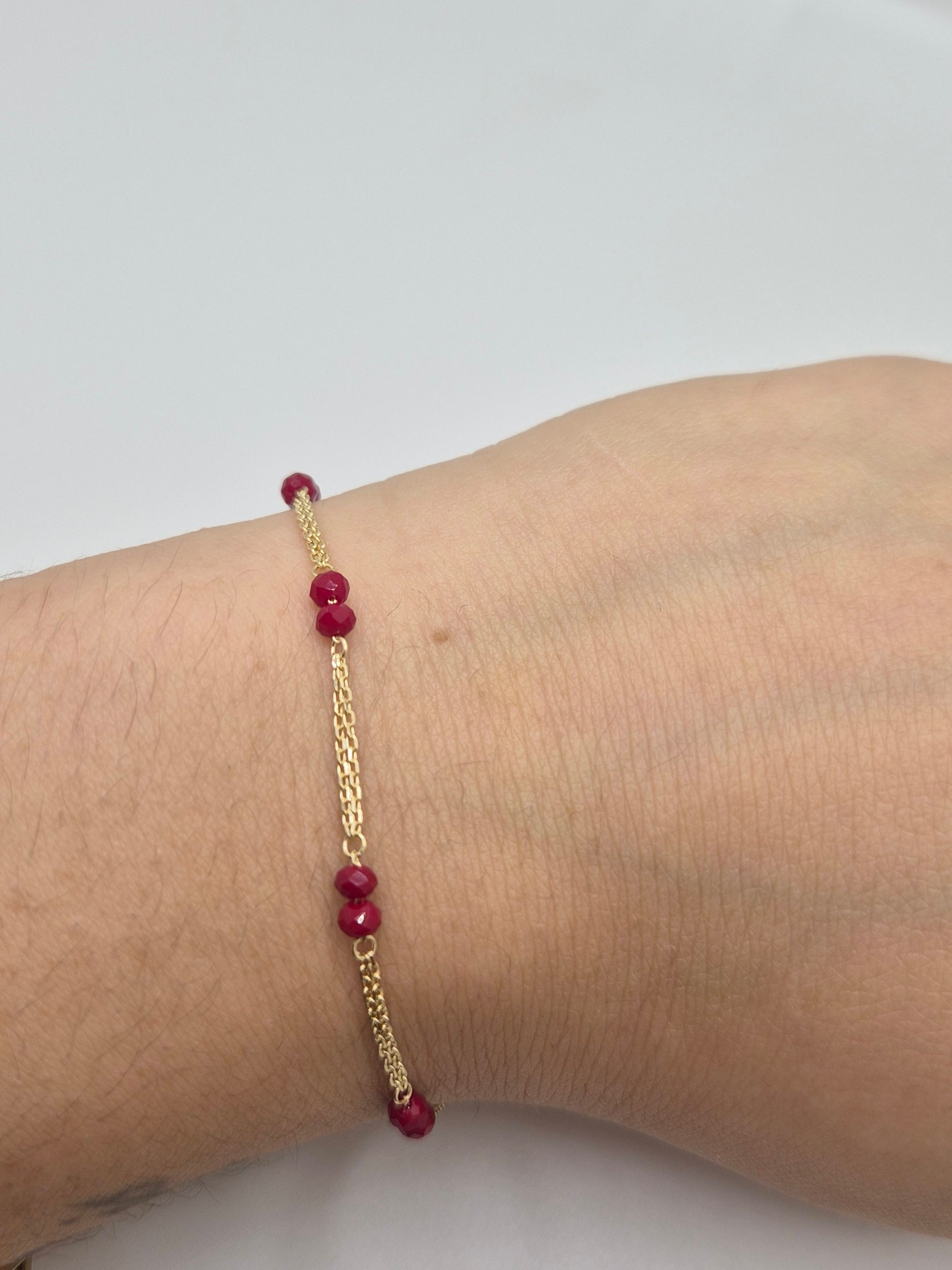 14K Gold Red Bead Chain Bracelet (7+1")