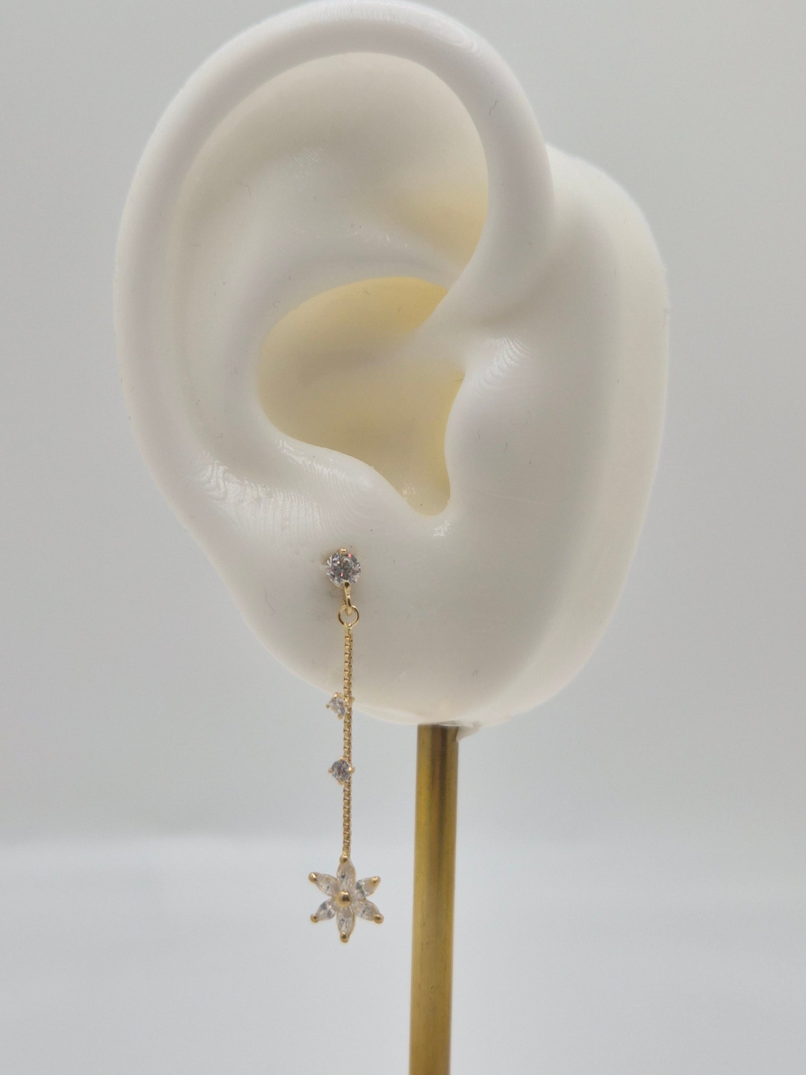 14k gold cz flower dangle earrings