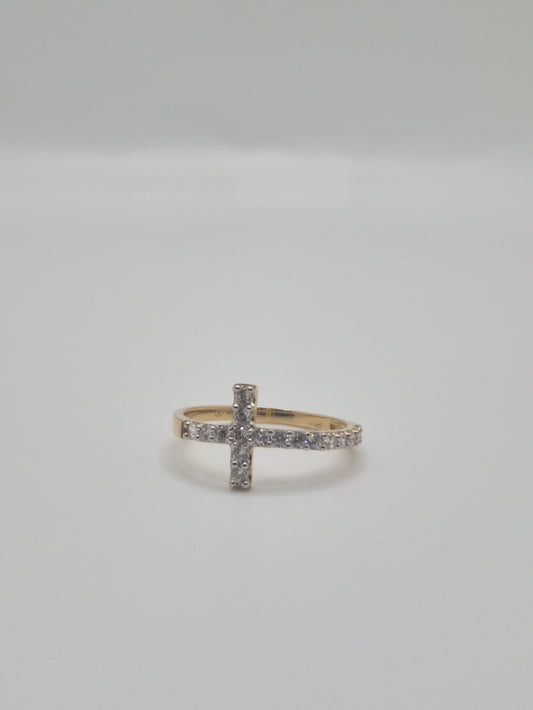 14k gold sideways cross cz ring (813)