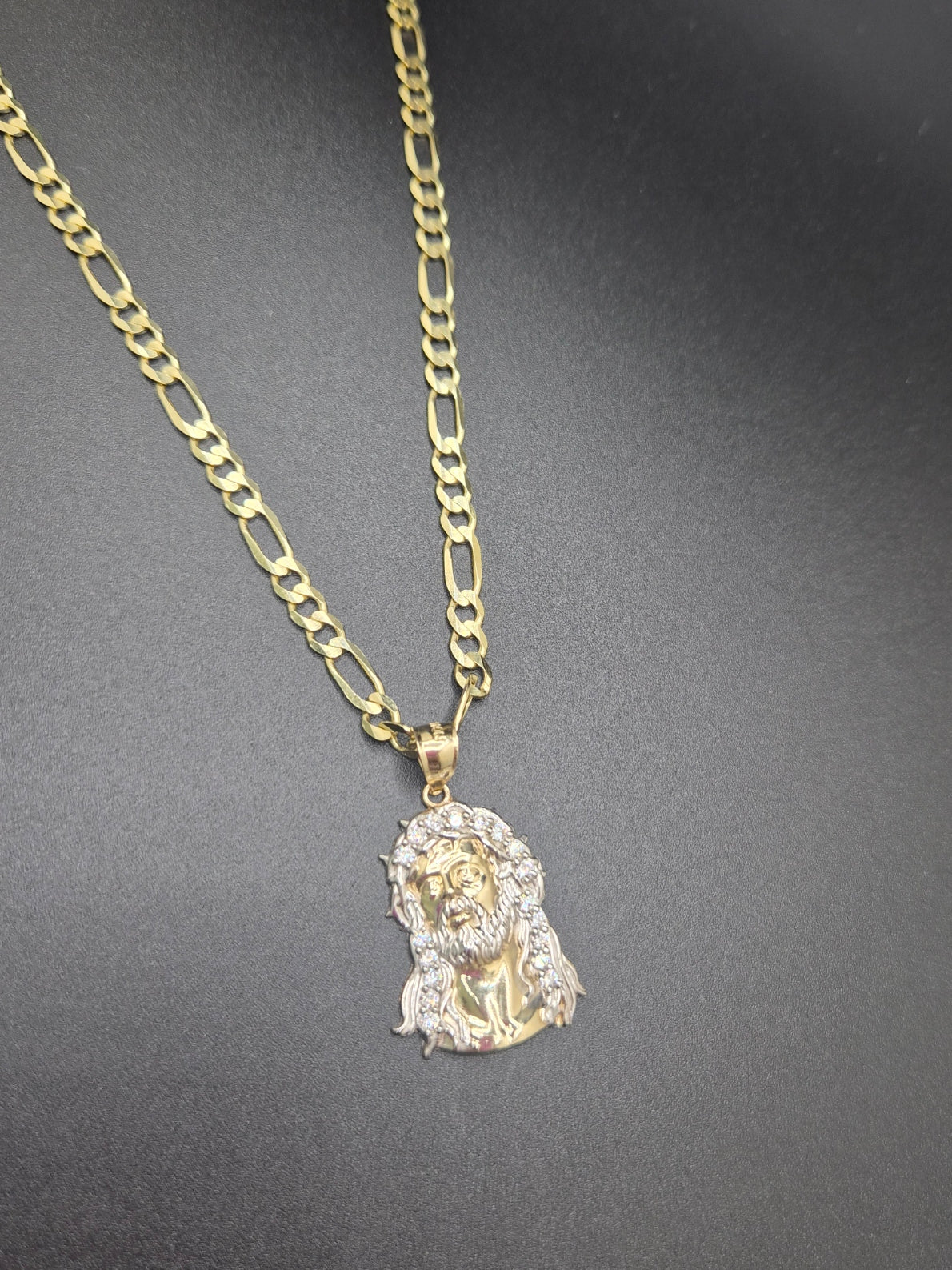 14K Two-Tone Jesus Head Pendant & Figaro Chain Set