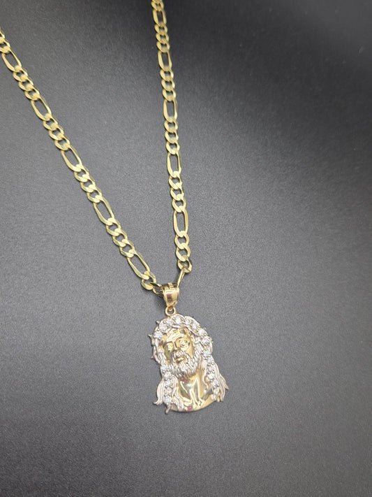 14K Two-Tone Jesus Head Pendant & Figaro Chain Set