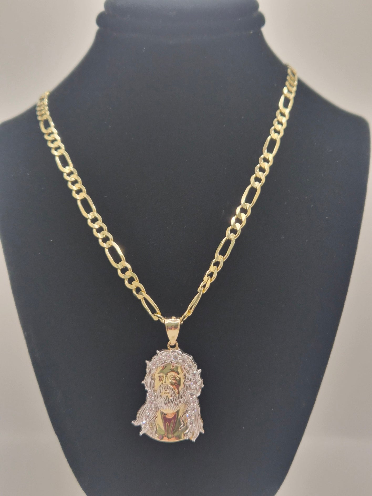 14K Two-Tone Jesus Head Pendant & Figaro Chain Set