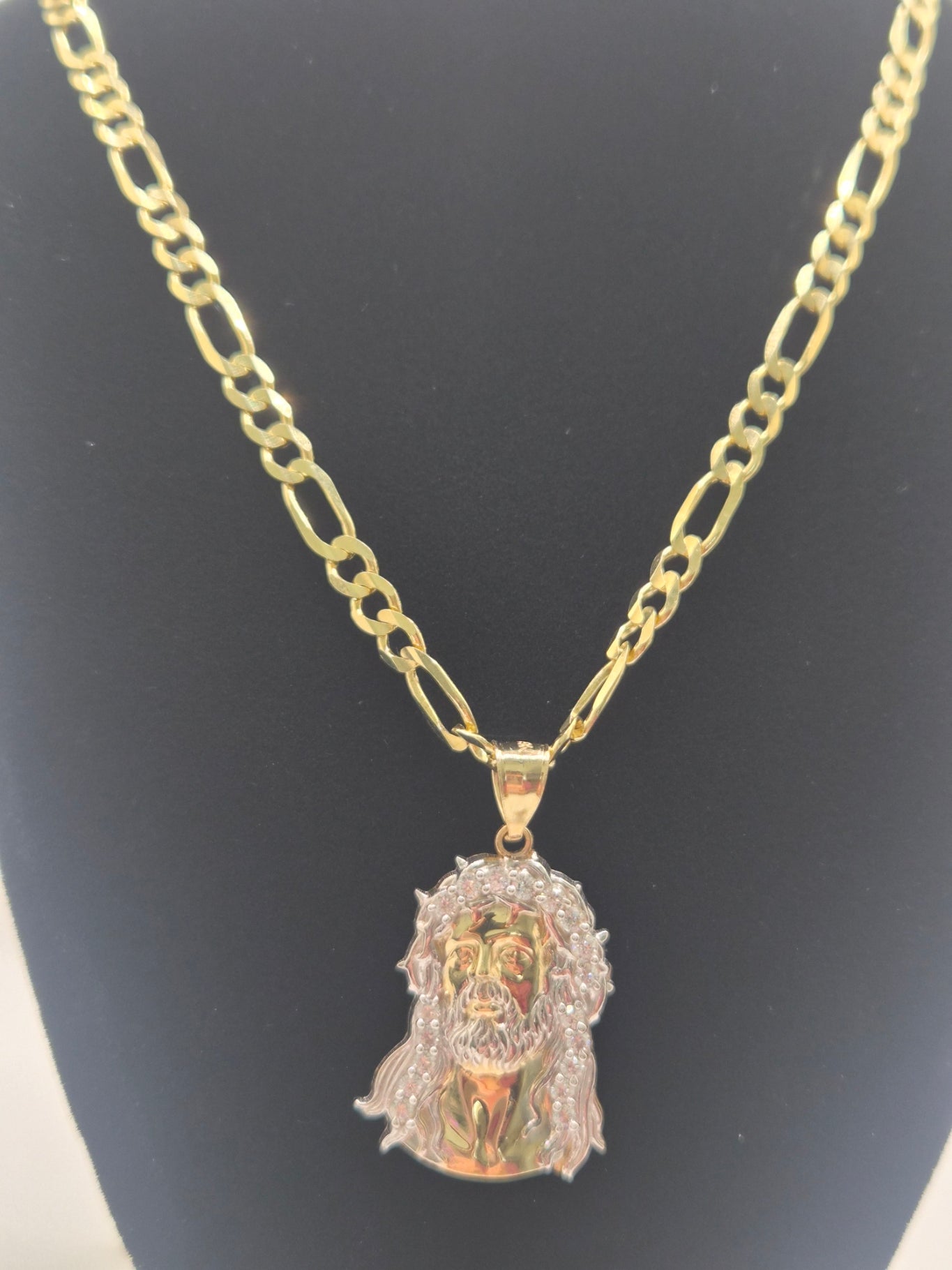 14K Two-Tone Jesus Head Pendant & Figaro Chain Set
