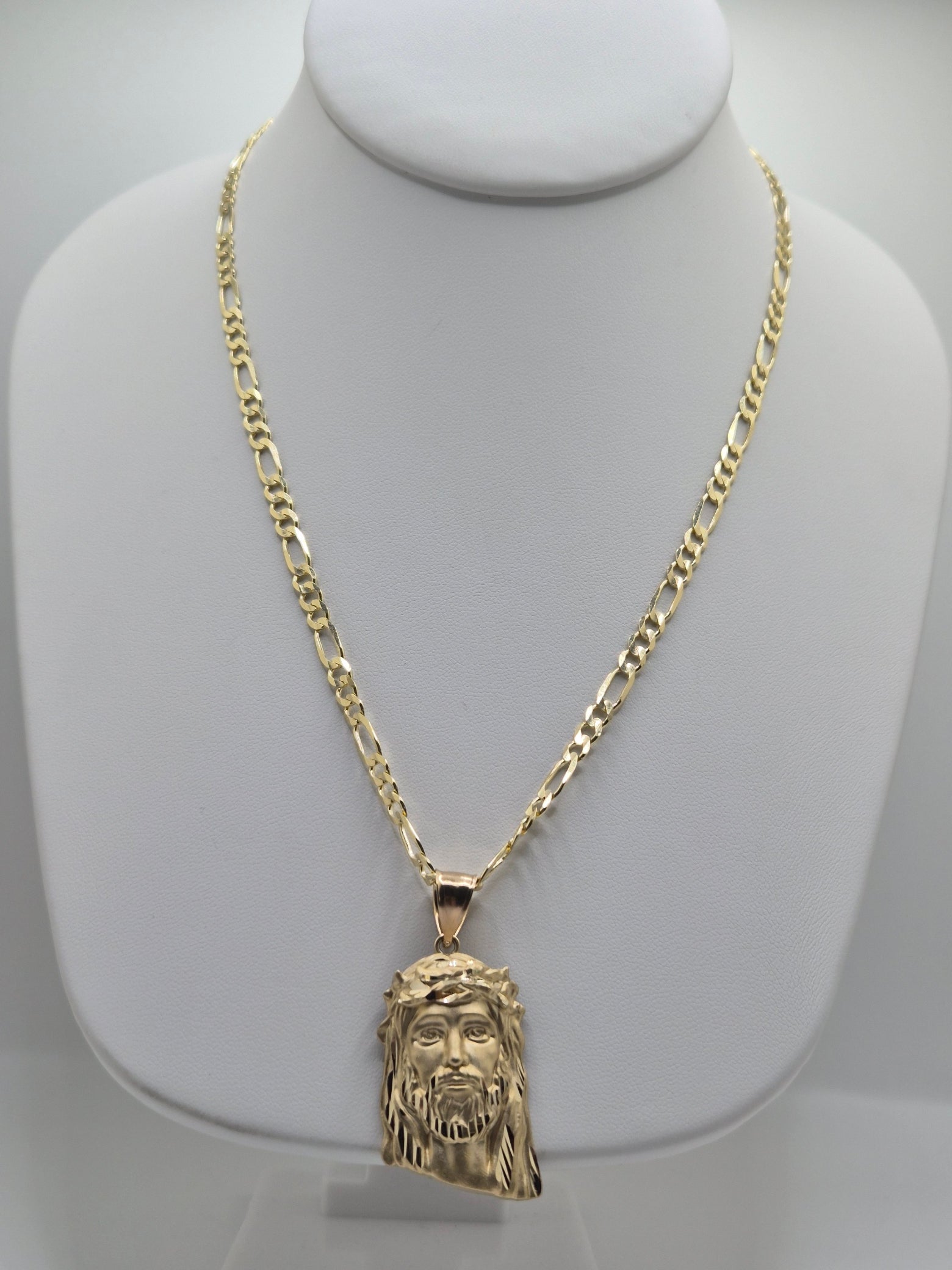 14K Two-Tone Jesus Head Pendant & Figaro Chain Set
