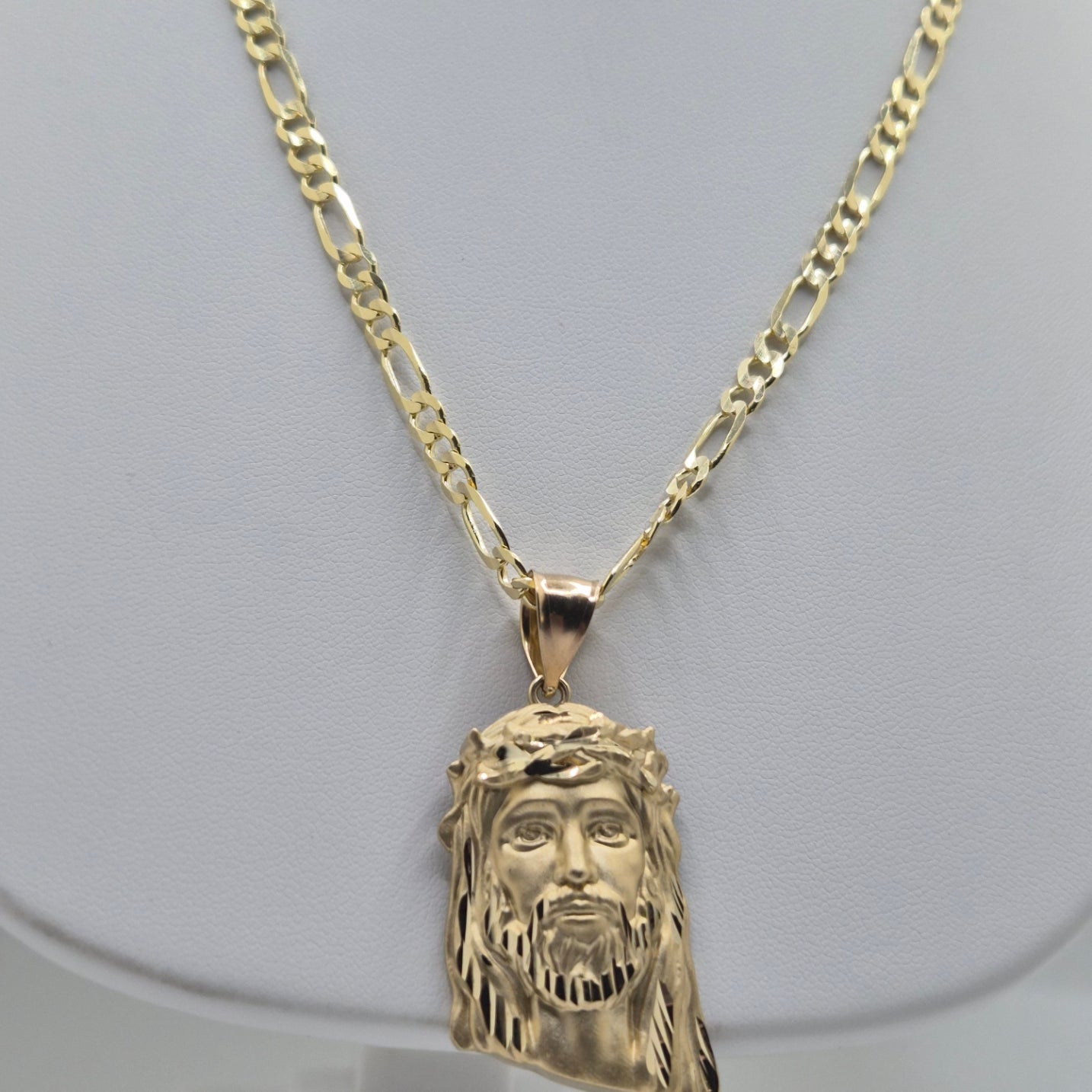 14K Two-Tone Jesus Head Pendant & Figaro Chain Set