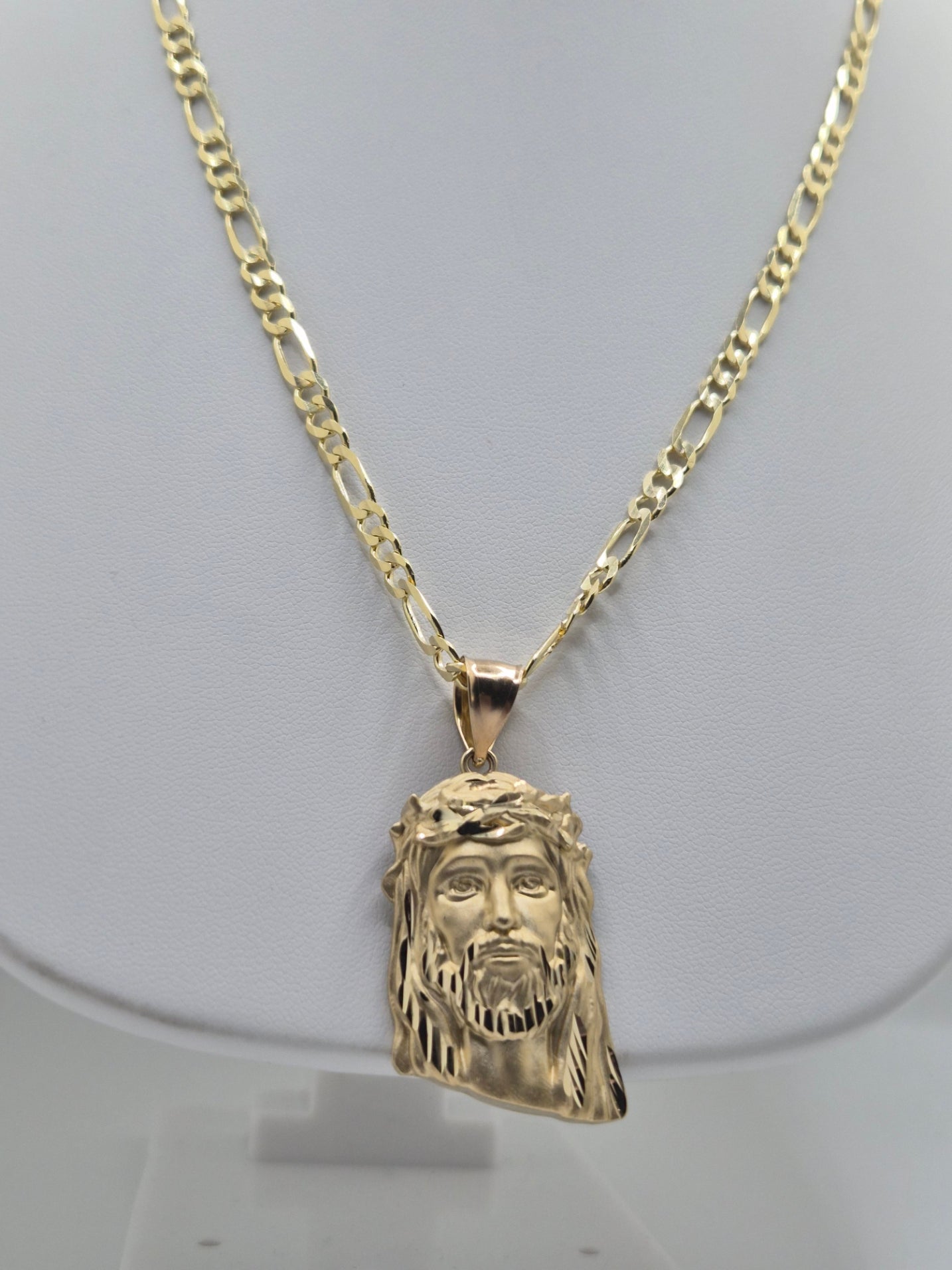 14K Two-Tone Jesus Head Pendant & Figaro Chain Set