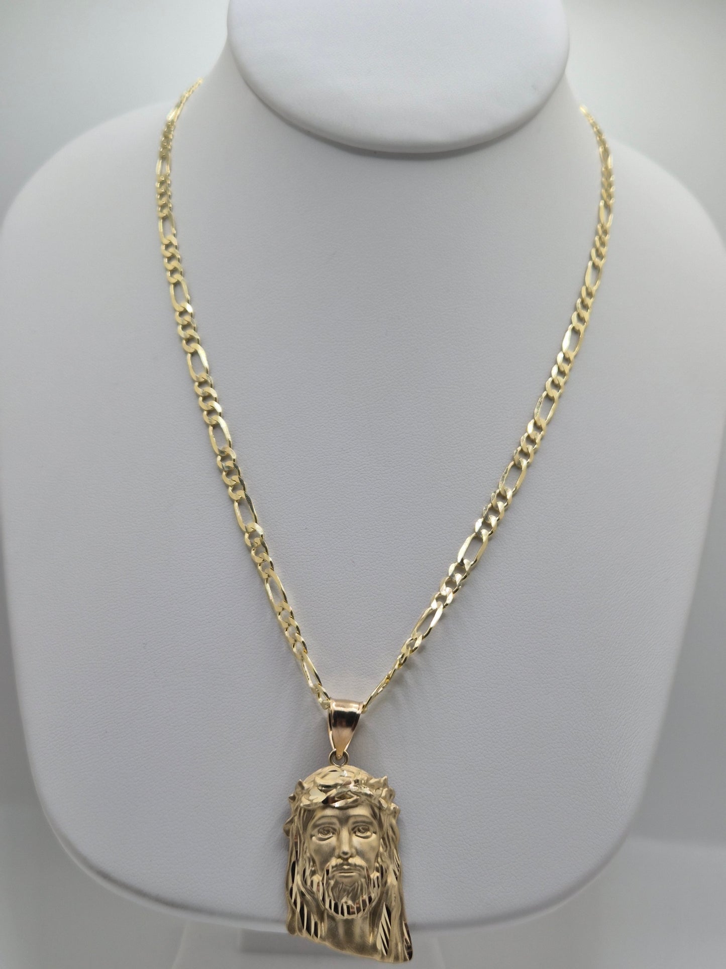 14K Two-Tone Jesus Head Pendant & Figaro Chain Set