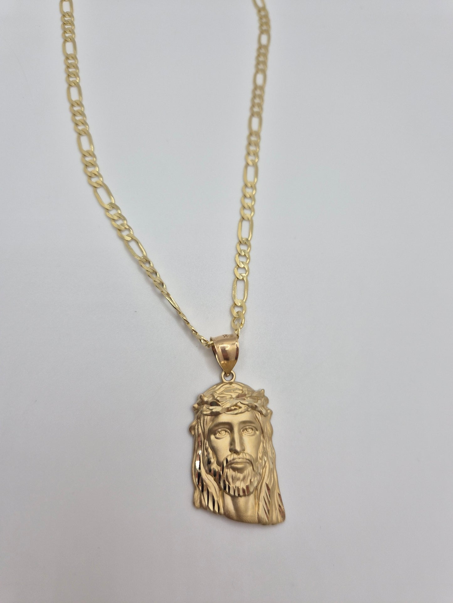 14K Two-Tone Jesus Head Pendant & Figaro Chain Set