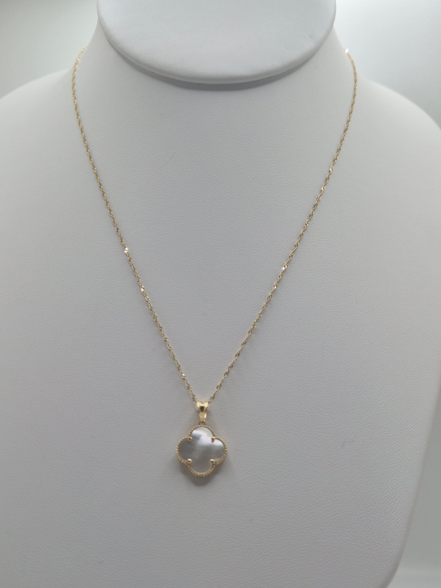14K Gold Singapore Chain with White Mother-of-Pearl Clover Pendant