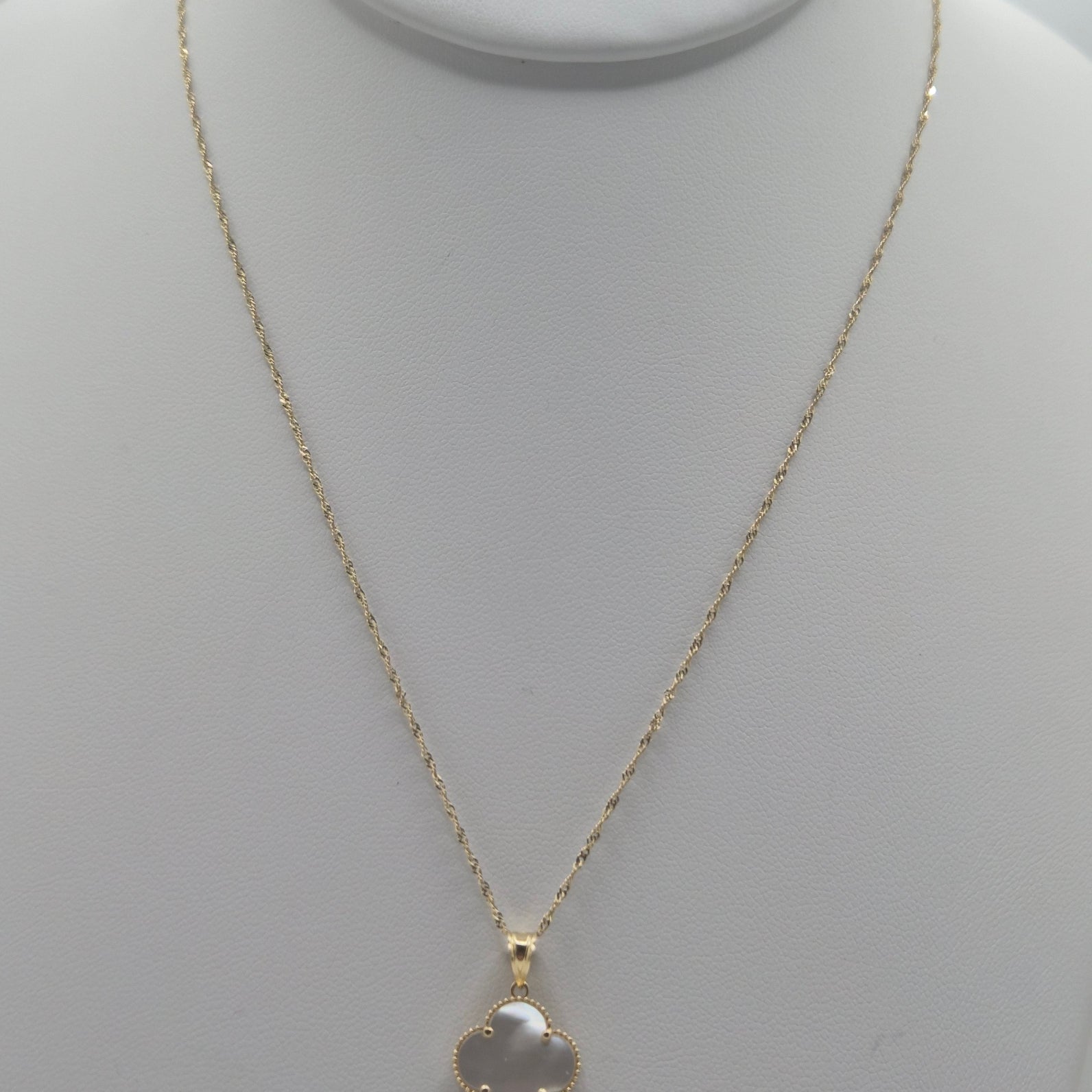14K Gold Singapore Chain with White Mother-of-Pearl Clover Pendant