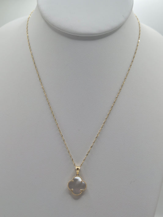 14K Gold Singapore Chain with White Mother-of-Pearl Clover Pendant