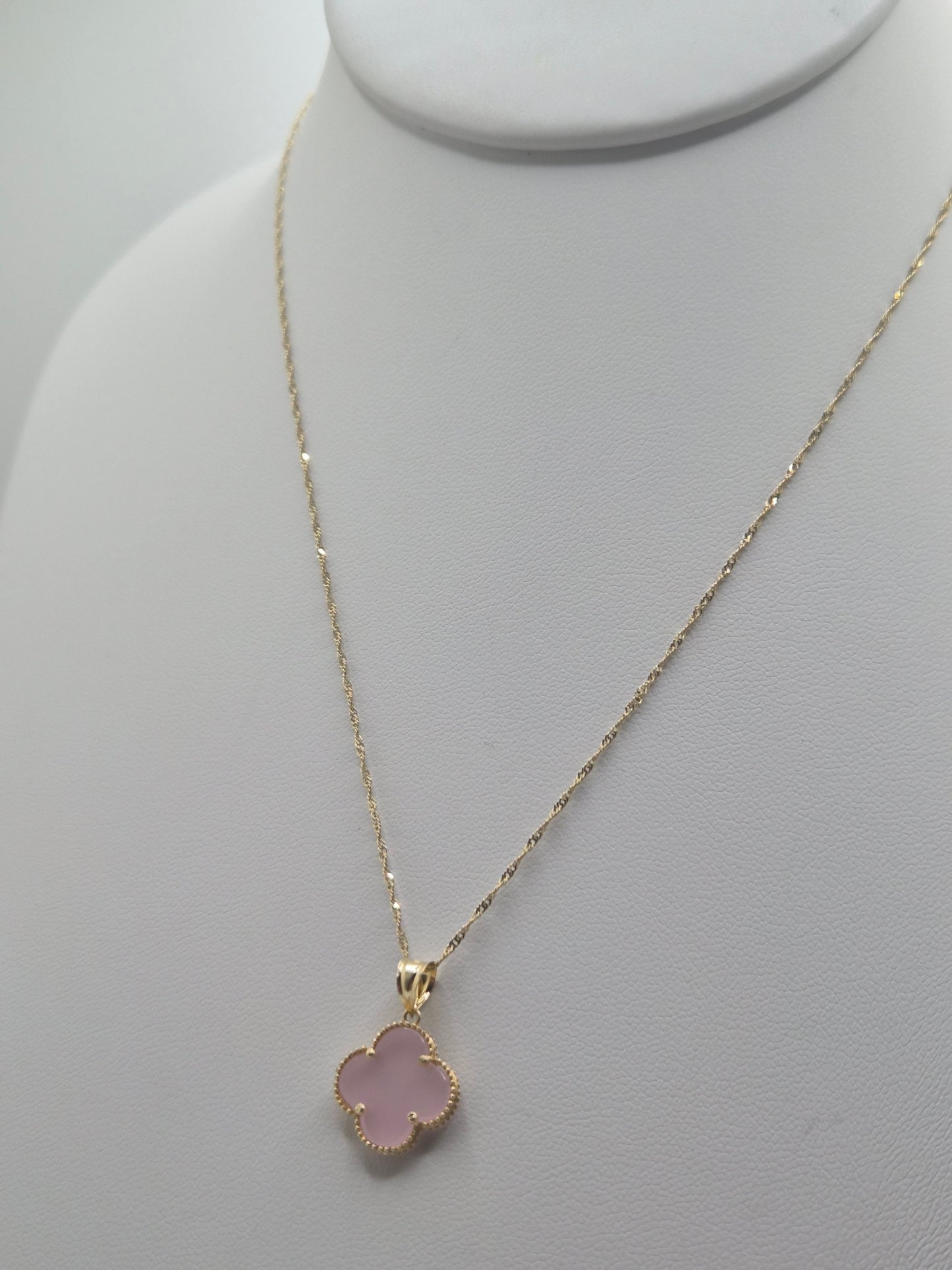 14K Gold Singapore Chain with Pink Clover Pendant