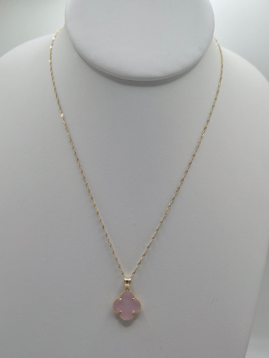 14K Gold Singapore Chain with Pink Clover Pendant