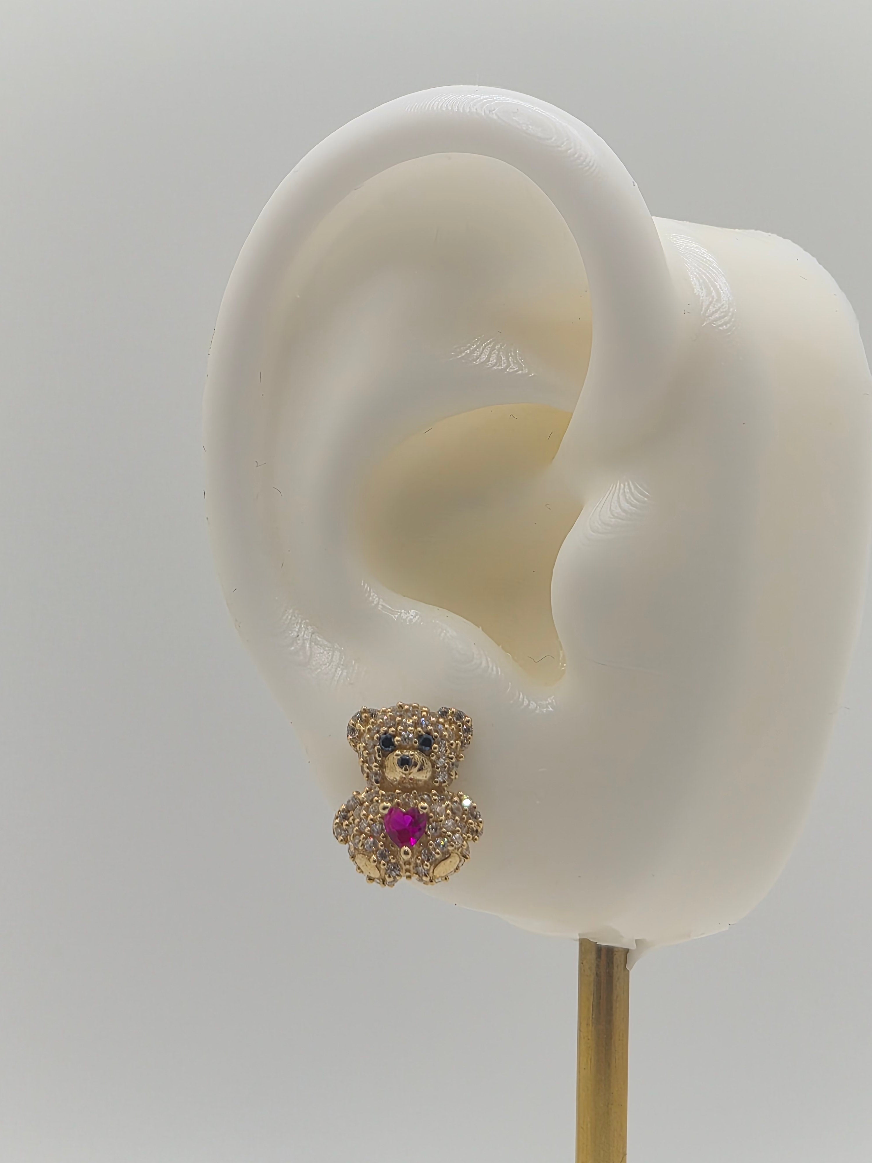 14K Gold Teddy Bear CZ Earrings