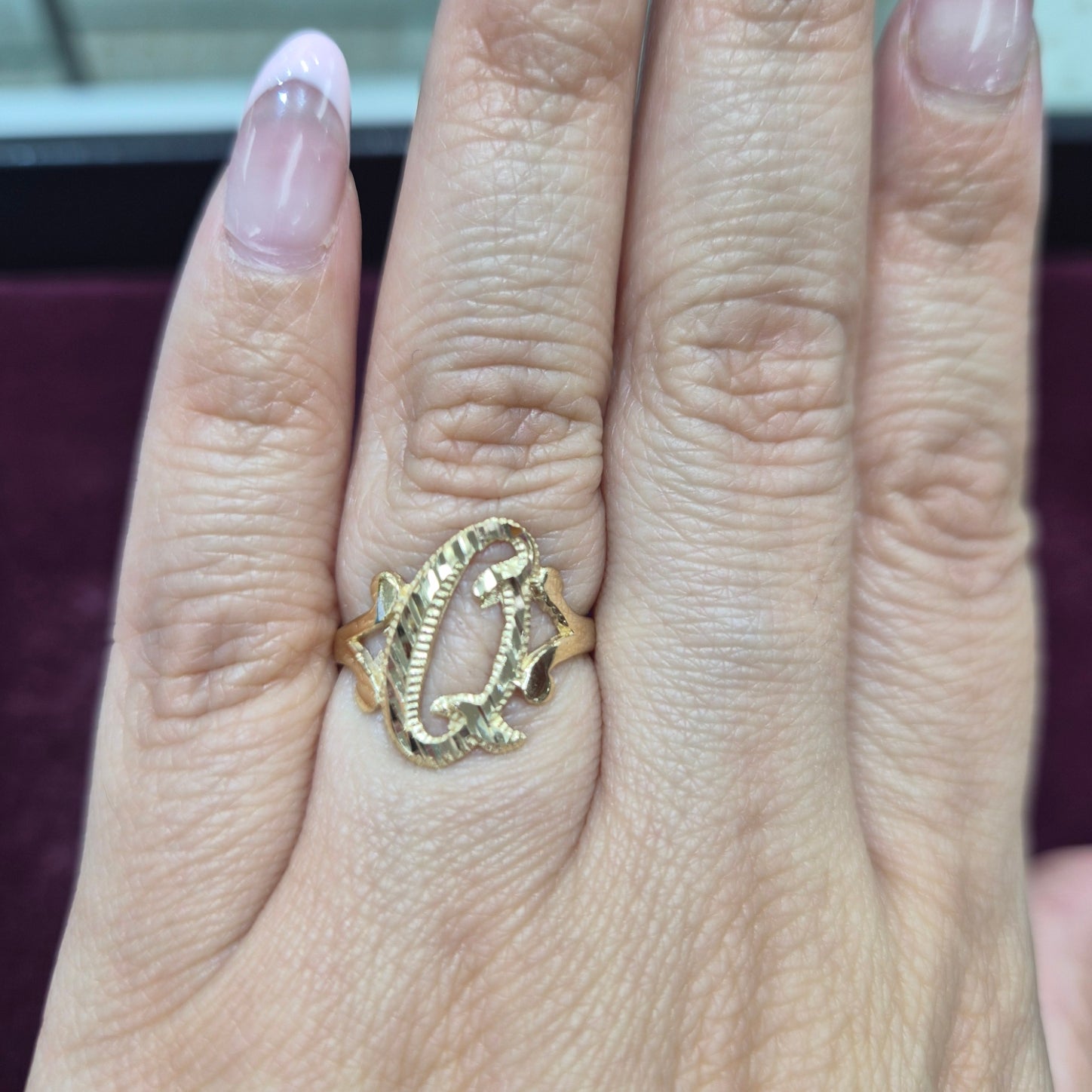 14k gold “q” cursive initial ring