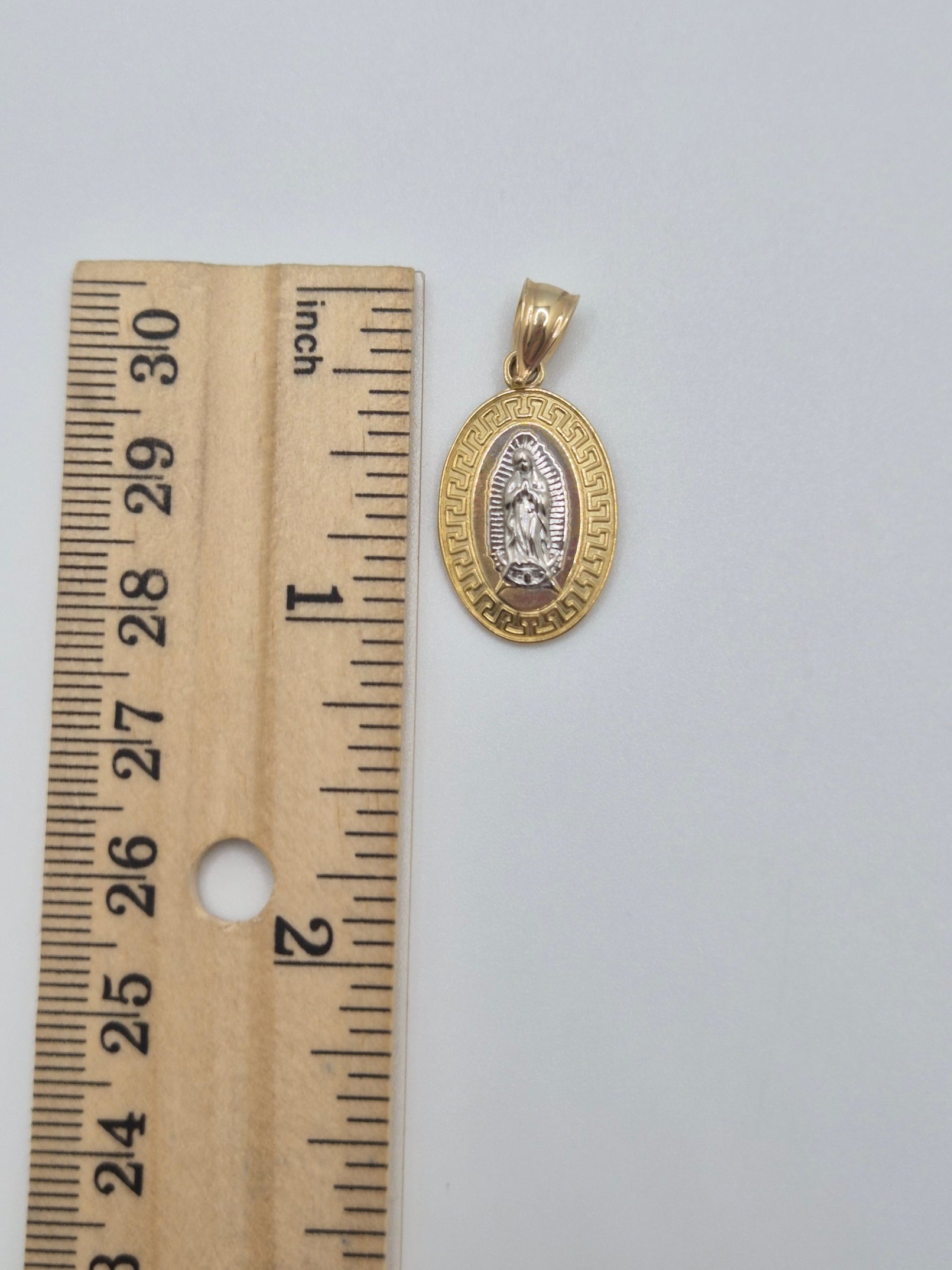 14K Gold Two-Tone Virgencita Oval Pendant (Greek Border)