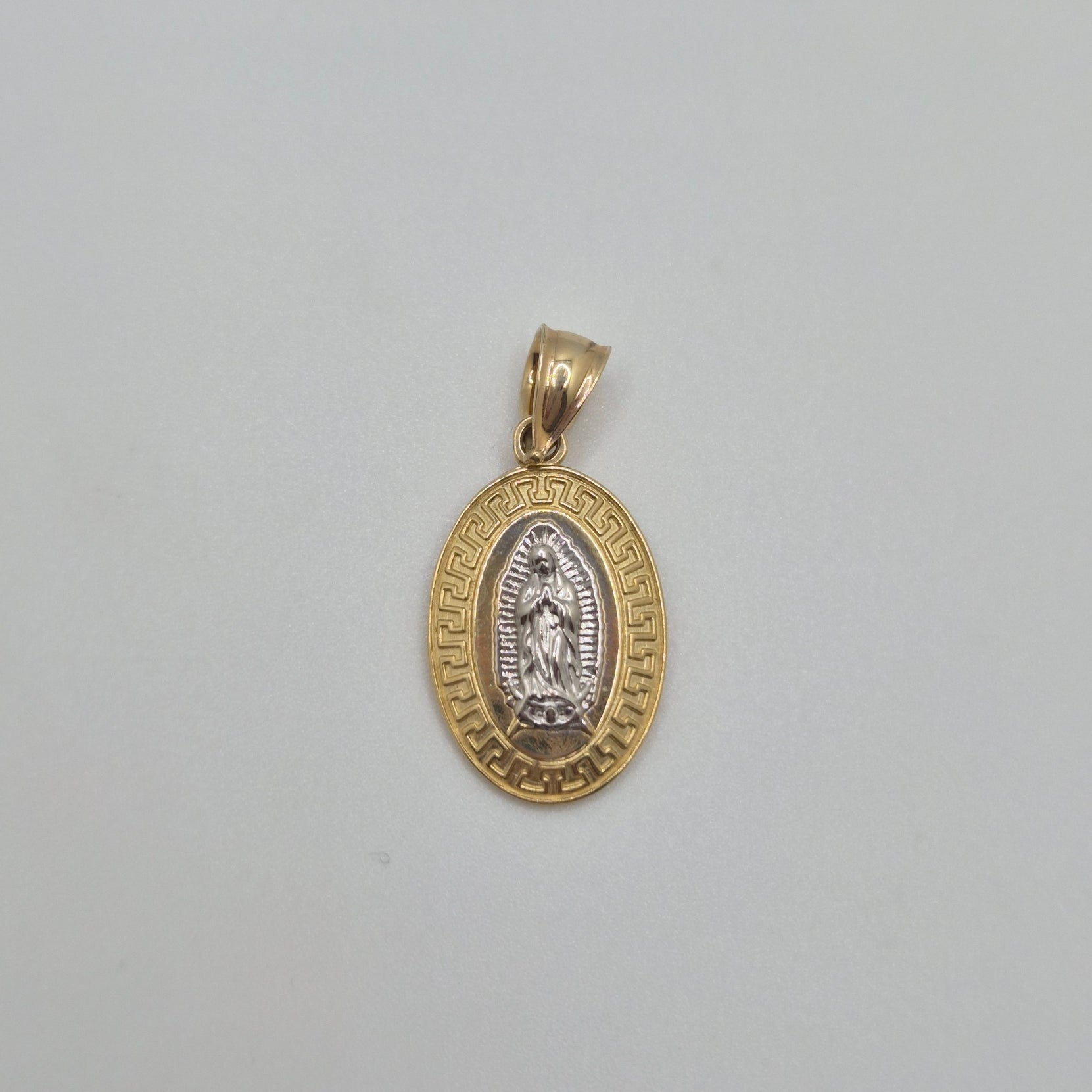 14K Gold Two-Tone Virgencita Oval Pendant (Greek Border)
