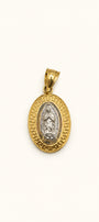Colgante ovalado de Virgencita bicolor en oro de 14 quilates (borde griego)