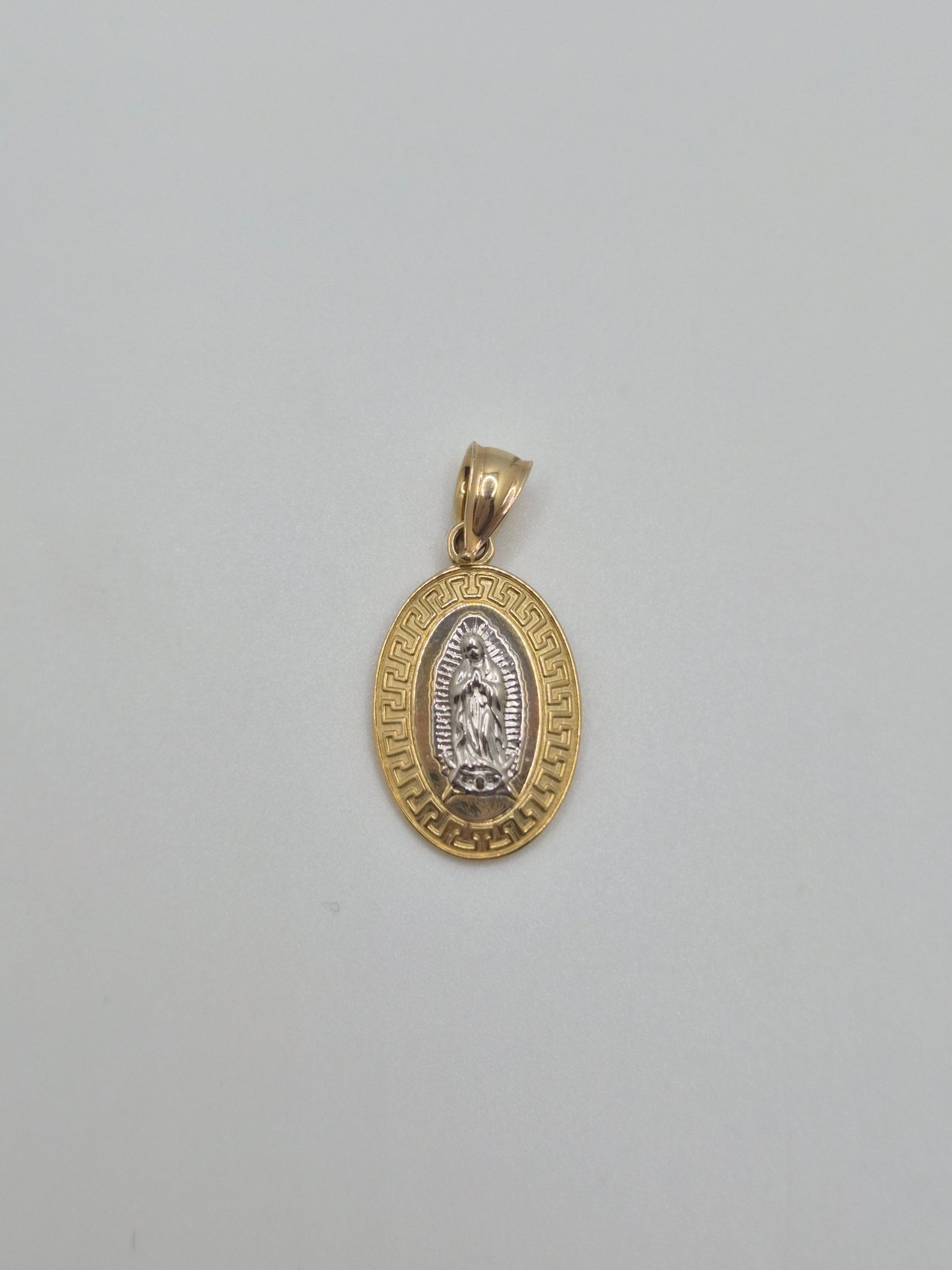 14K Gold Two-Tone Virgencita Oval Pendant (Greek Border)