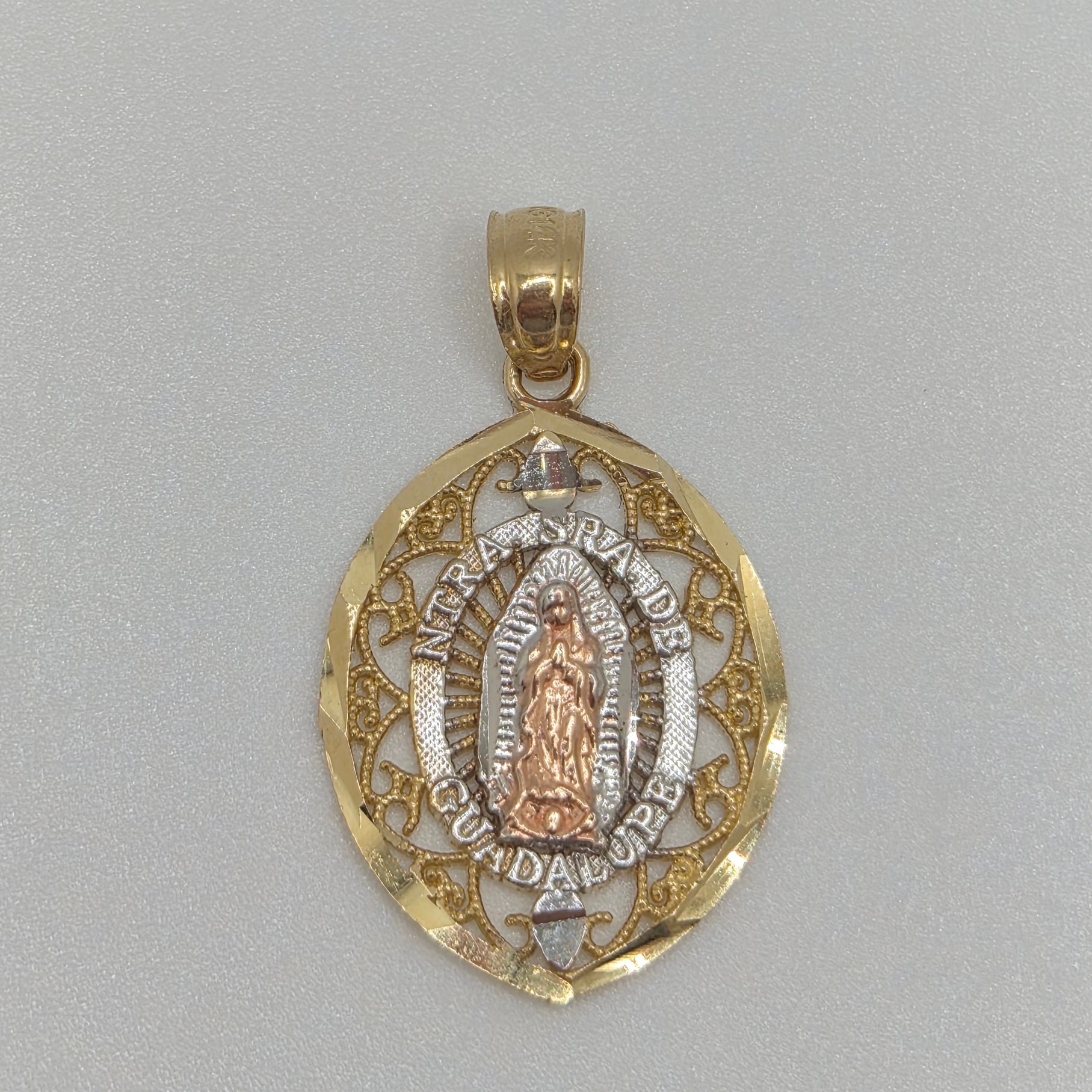14K Gold Three Tone Virgencita Oval Cut-Out Pendant