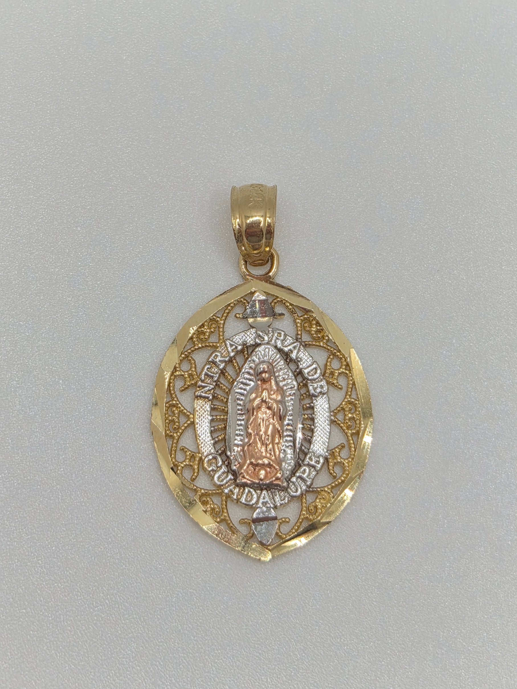 14K Gold Three Tone Virgencita Oval Cut-Out Pendant