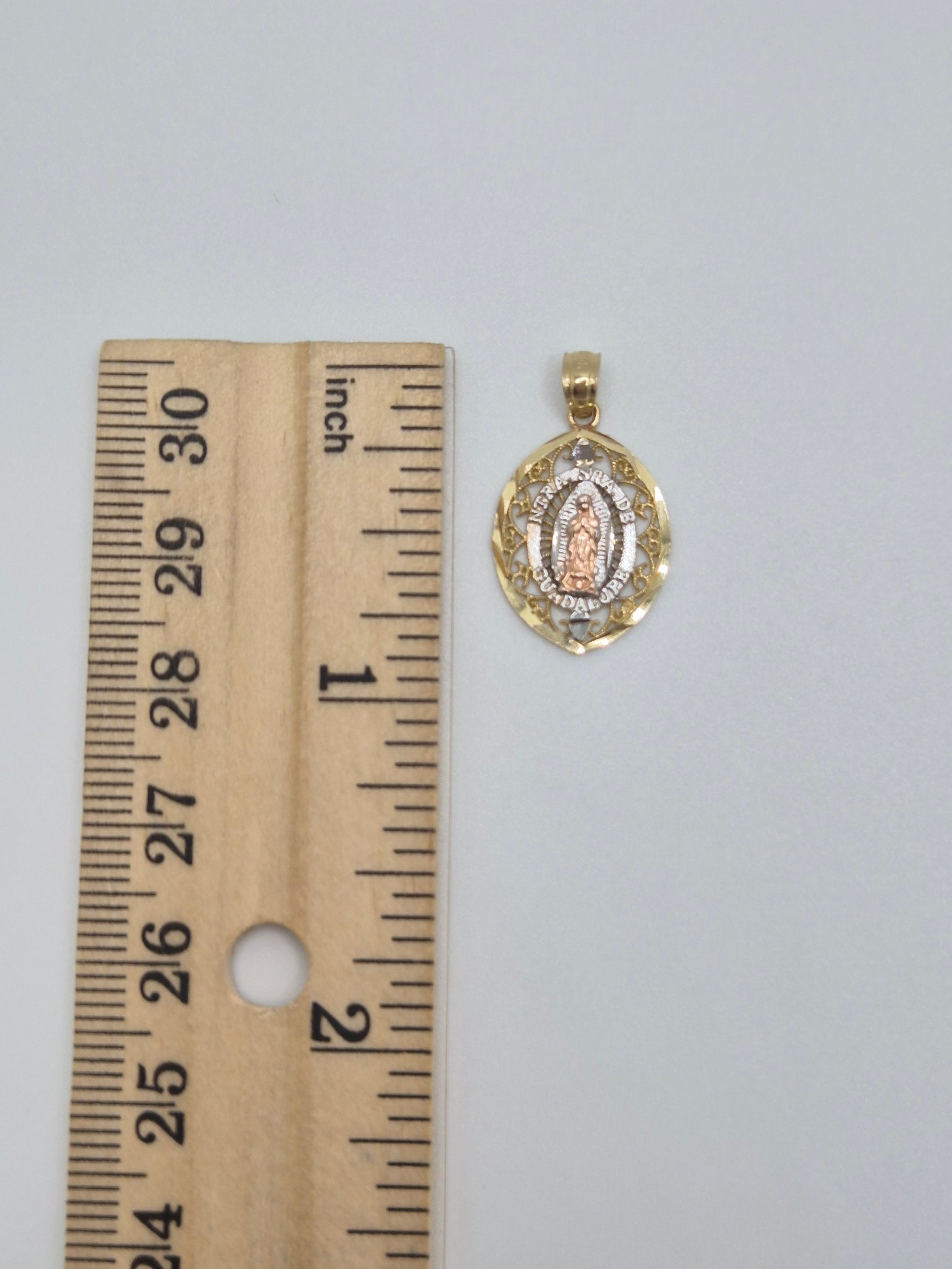 14K Gold Three Tone Virgencita Oval Cut-Out Pendant