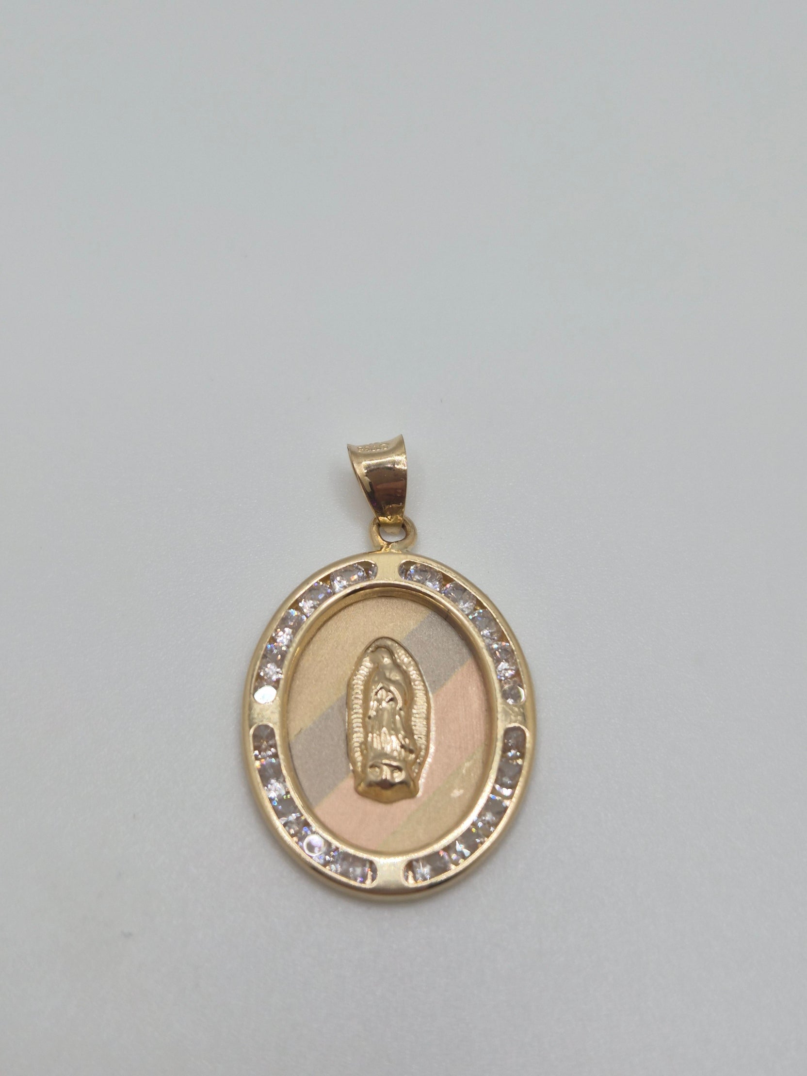 14K Tri-Color Virgencita CZ Oval Pendant