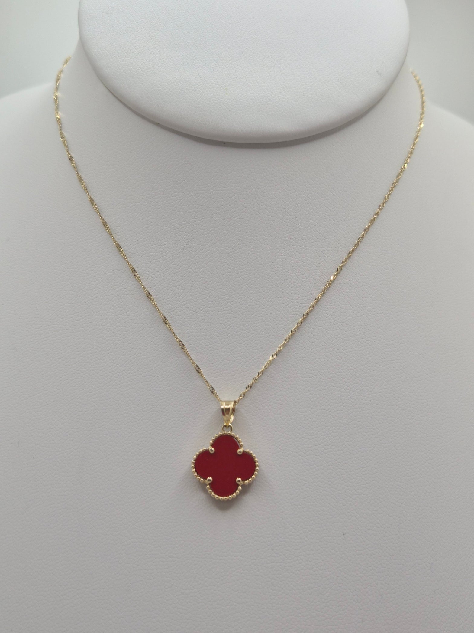 14K Gold Red Clover Singapore Necklace Set
