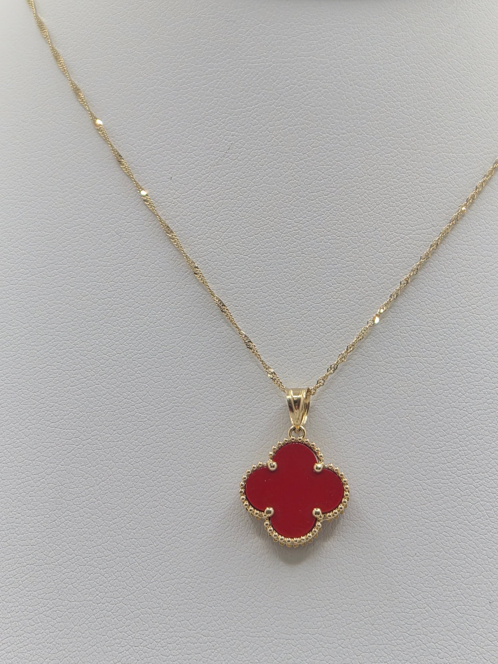 14K Gold Red Clover Singapore Necklace Set