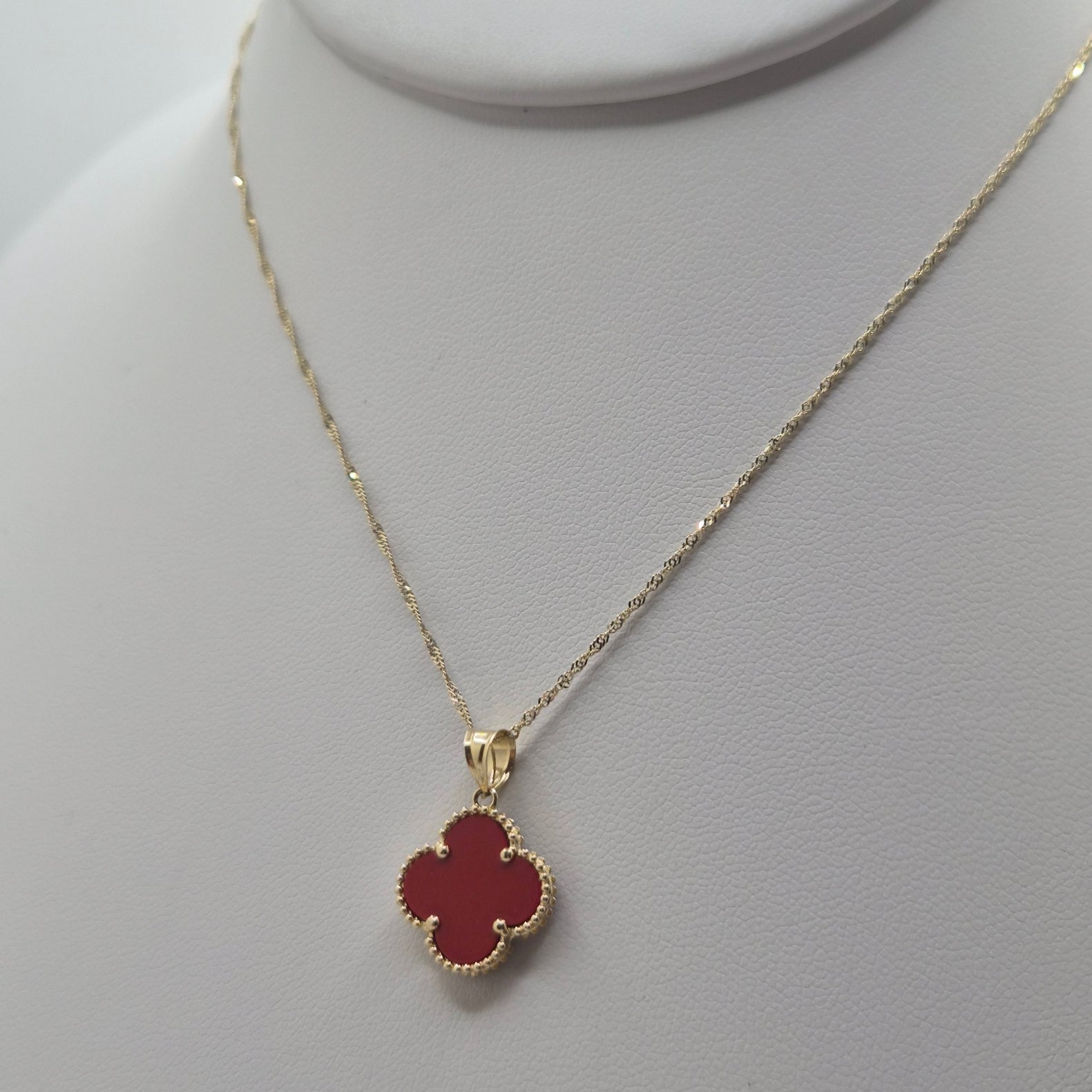 14K Gold Red Clover Singapore Necklace Set