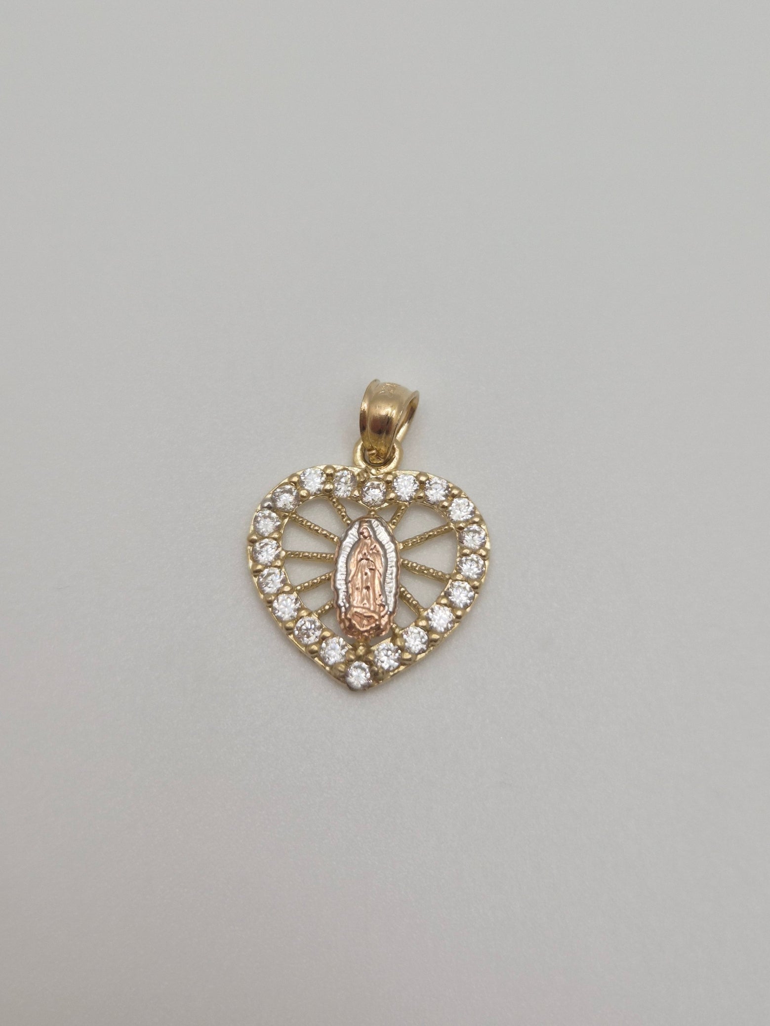 14K Tri-Color Guadalupe Heart CZ Pendant