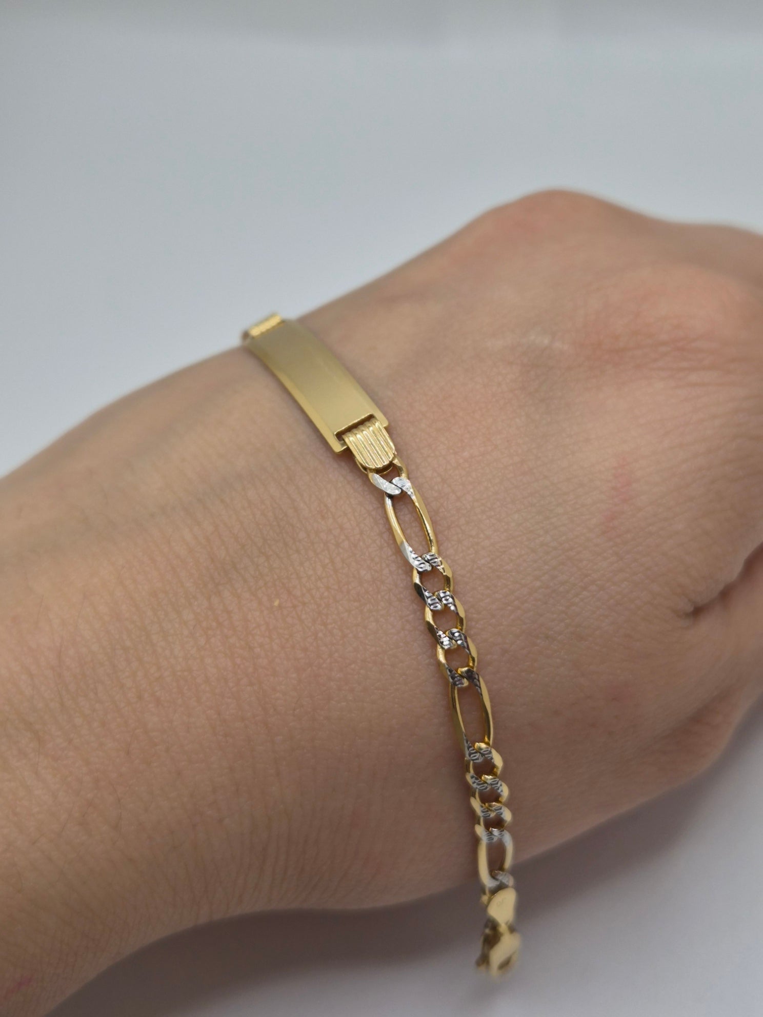 14K Two-Tone Figaro Baby ID Bracelet 6”
