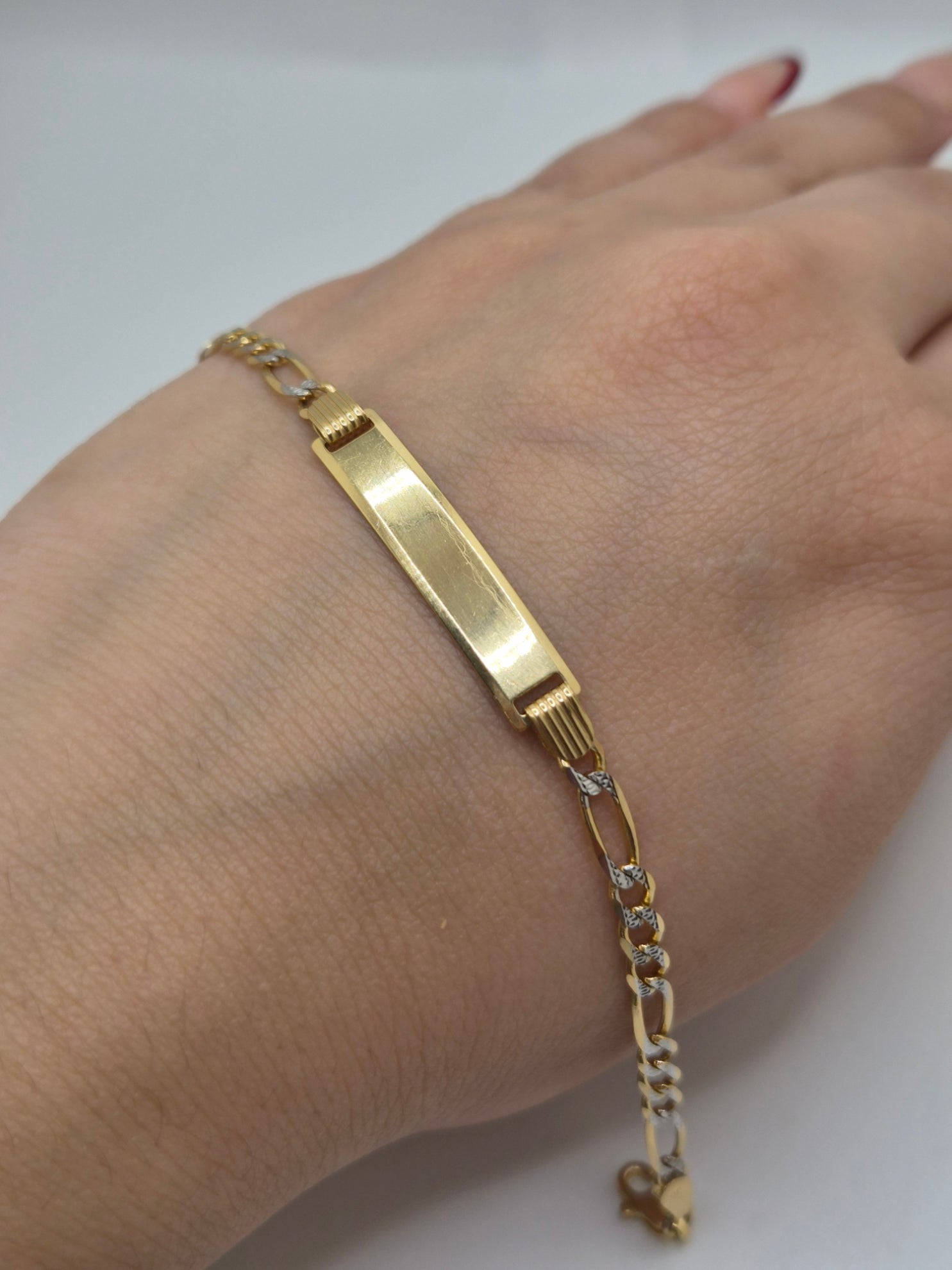 14K Two-Tone Figaro Baby ID Bracelet 6”