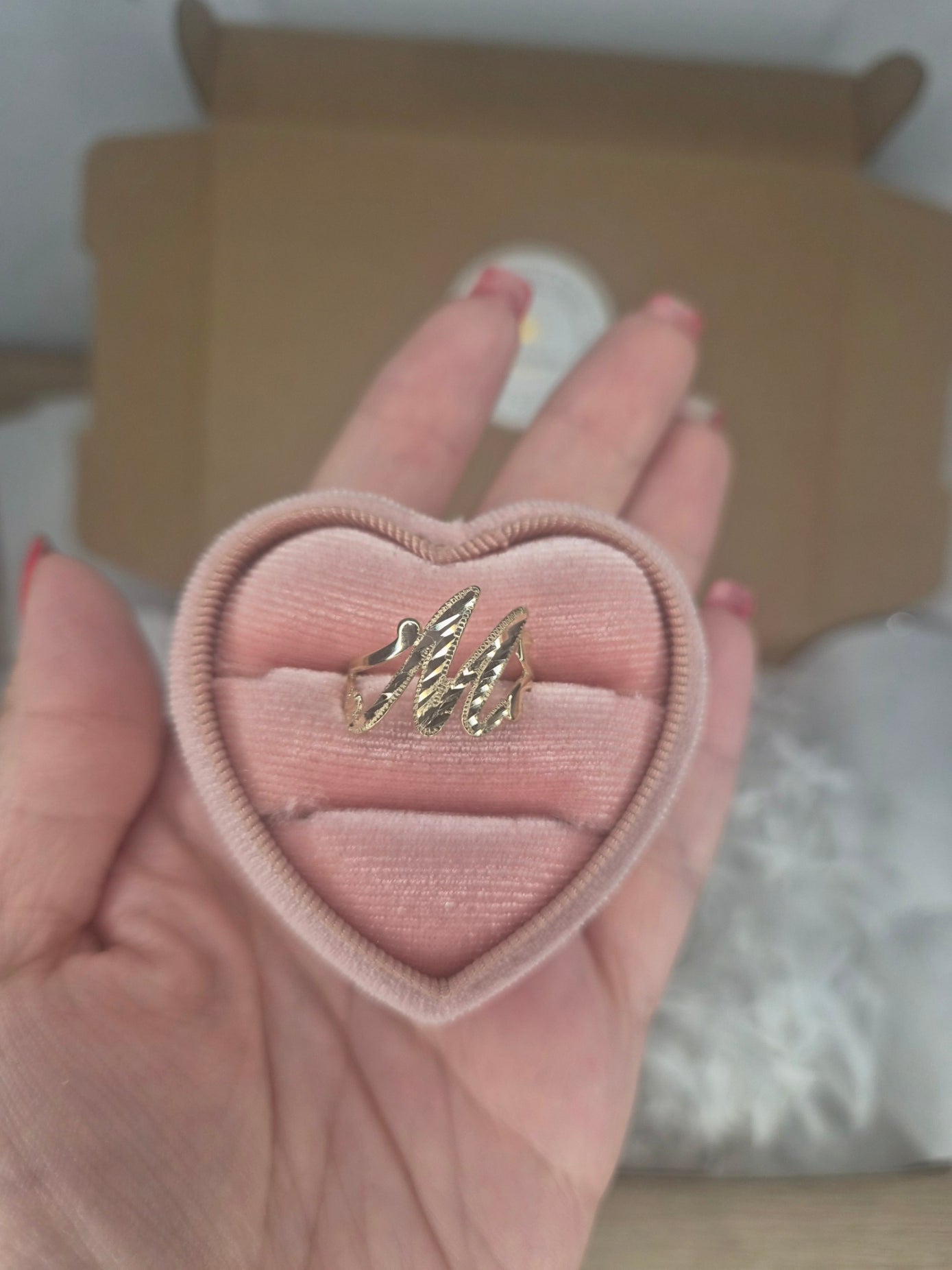 14k gold “m” cursive initial ring