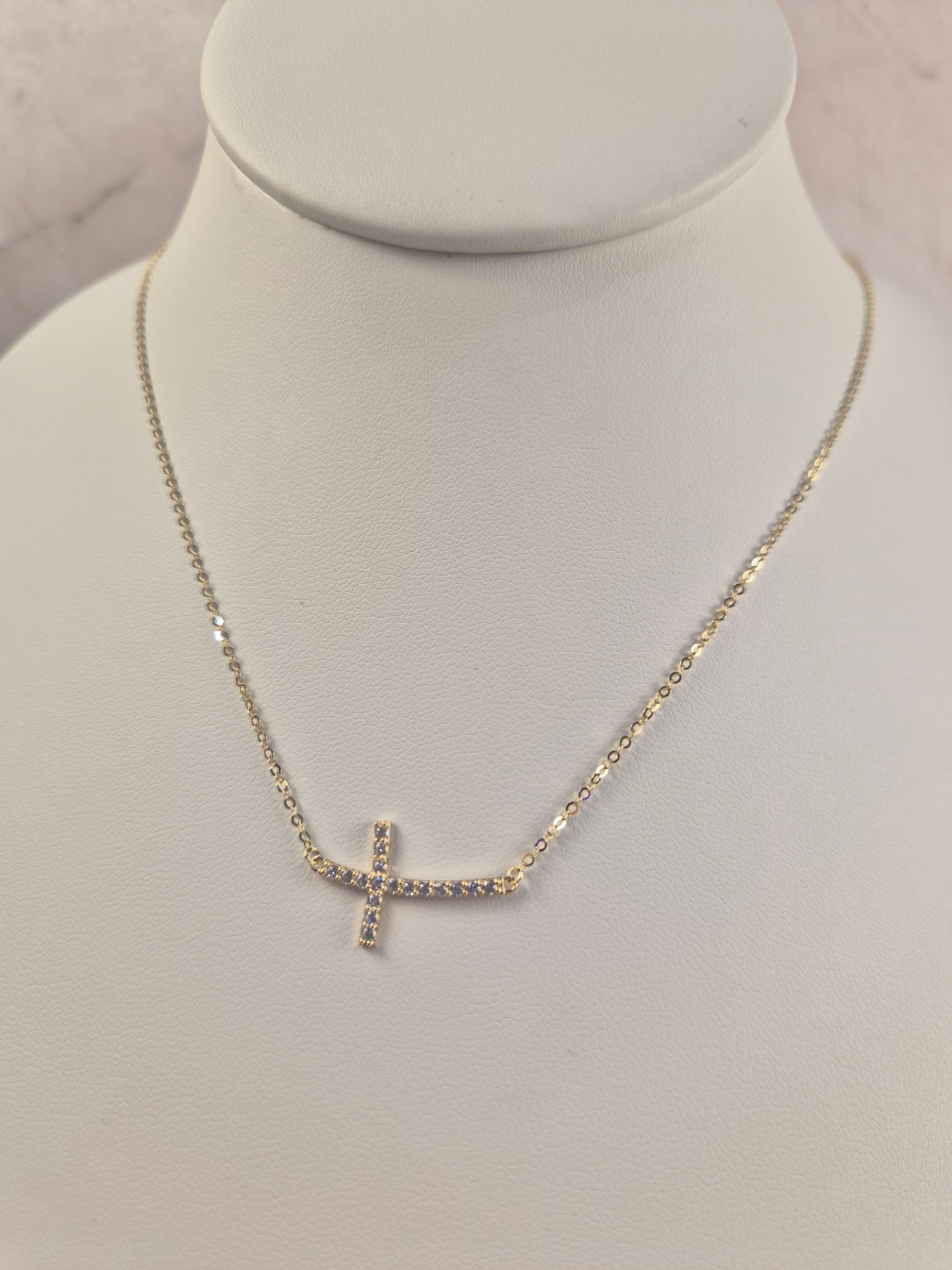 14K Gold CZ Side Cross Necklace