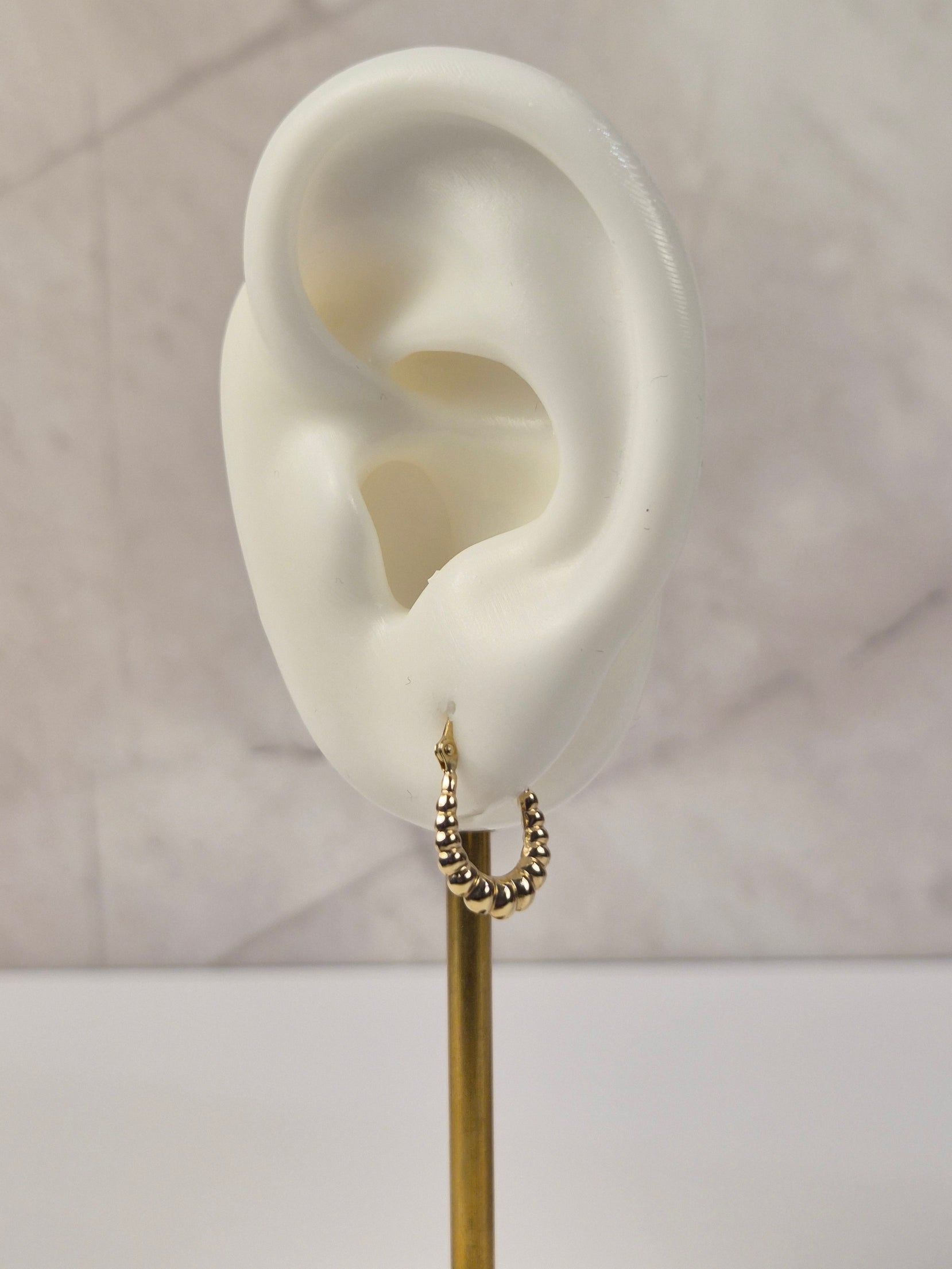 Tiny Golden Shrimp Hoops – 14K Gold