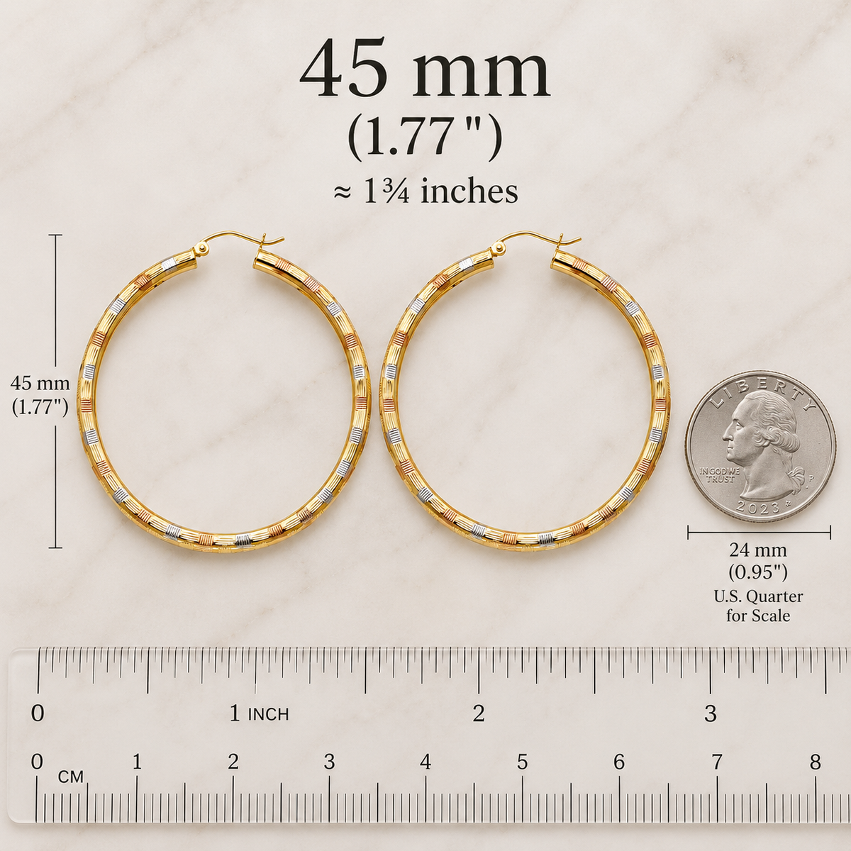 Tricolor Spark – 14K Gold Diamond-Cut Hoops | 45mm