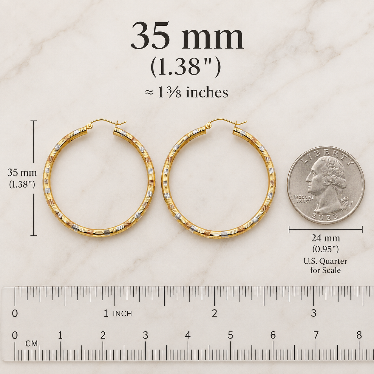 Tricolor Spark – 14K Gold Diamond-Cut Hoops | 35mm