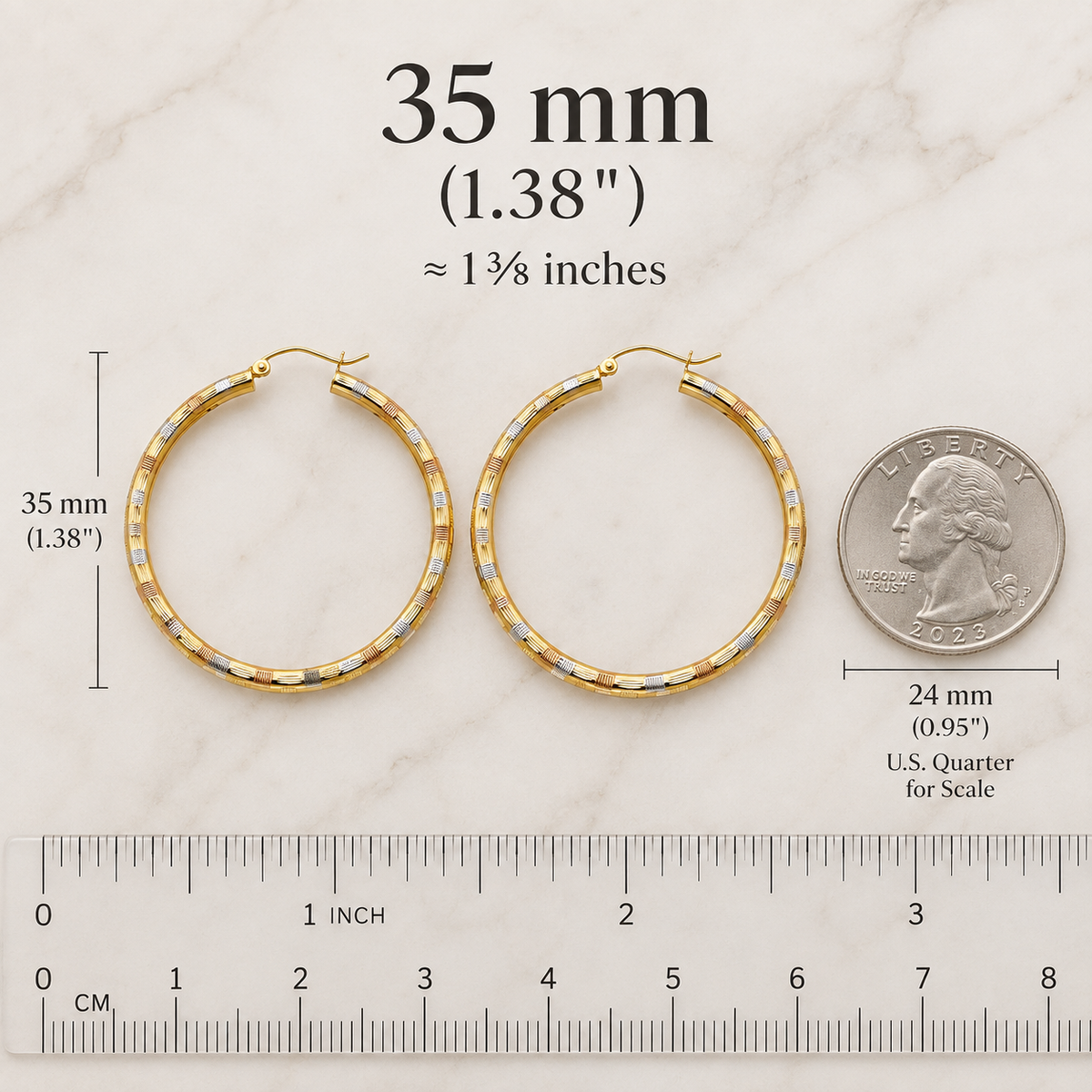 Tricolor Spark – 14K Gold Diamond-Cut Hoops | 35mm