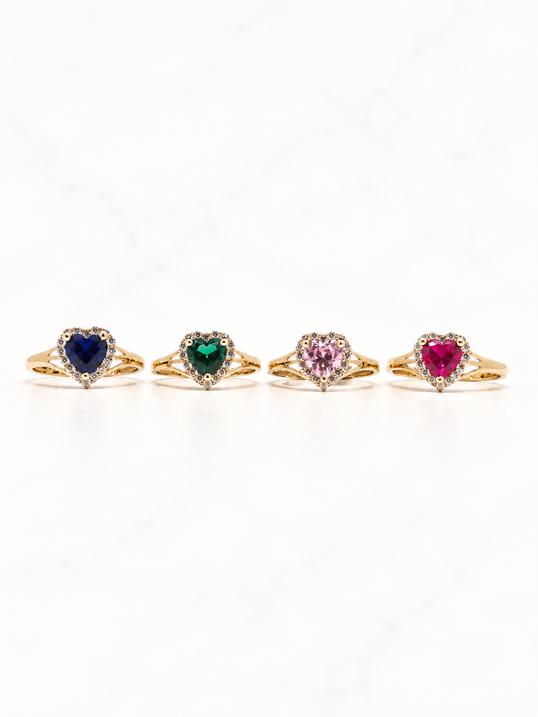 Anillo de oro macizo de 14 quilates con forma de corazón y circonita cúbica (rosa, verde, rojo, blanco)
