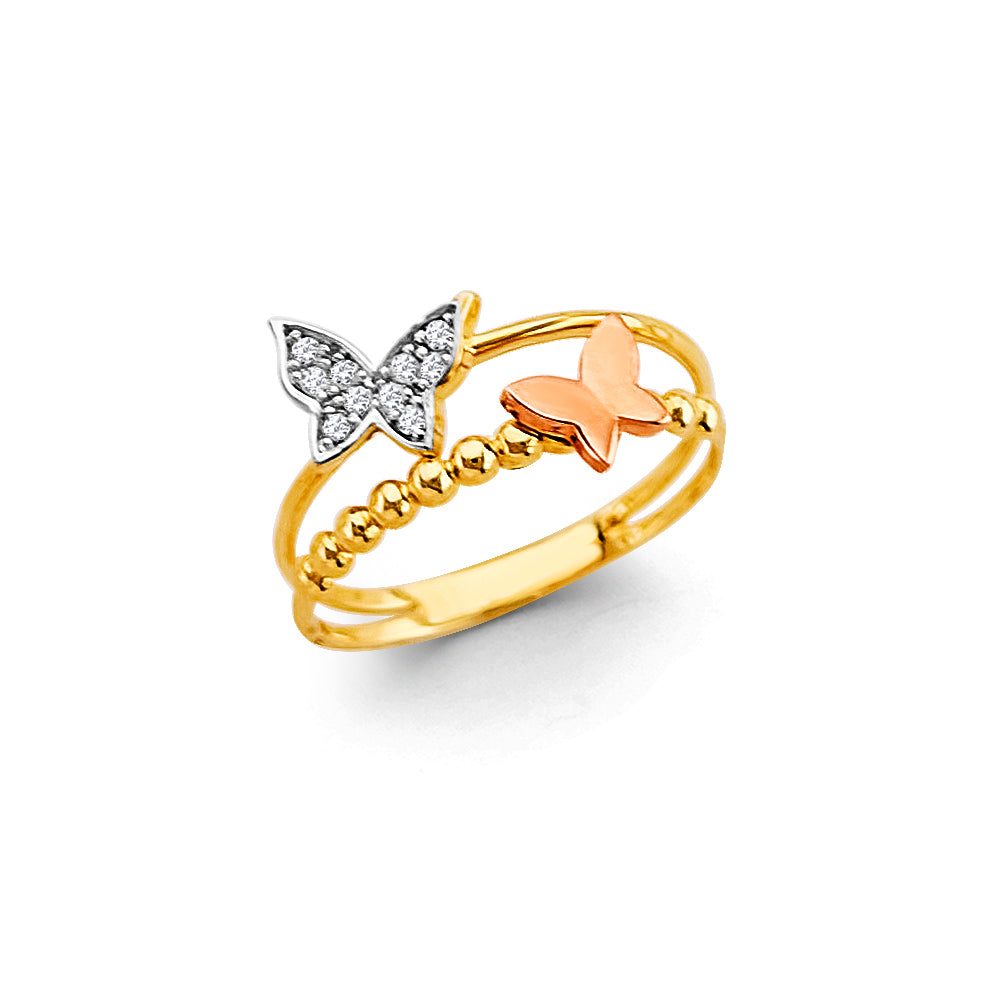 14K gold butterfly ring, tri-color butterfly ring, CZ butterfly jewelry, dainty gold butterfly ring, real gold butterfly jewelry