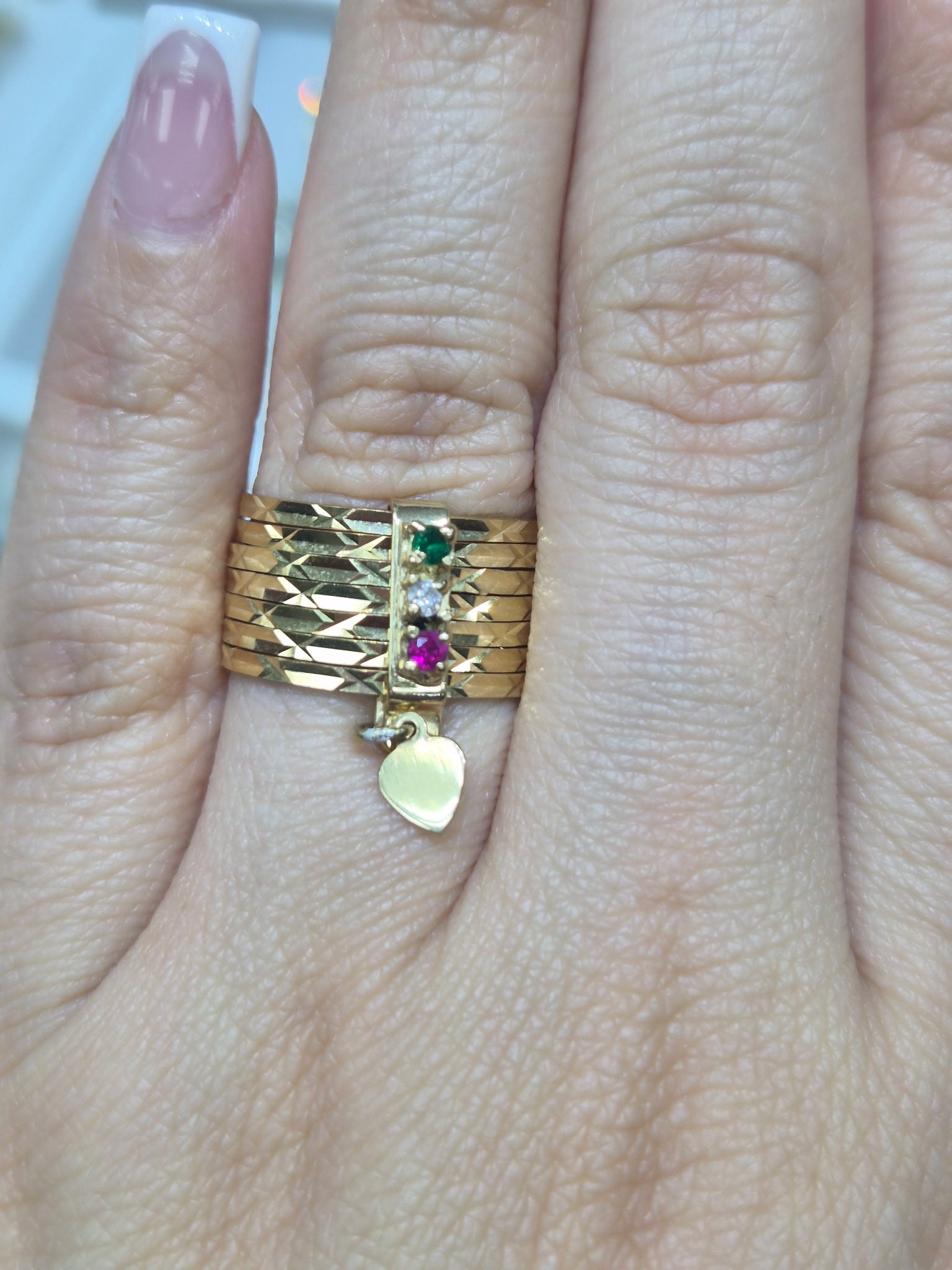 14K Tri-Color Textured Seminario Ring with Heart Charm