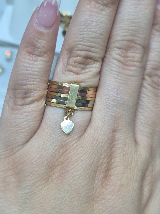 14K Gold Seminario Ring with Red, White & Green CZs and Heart Charm